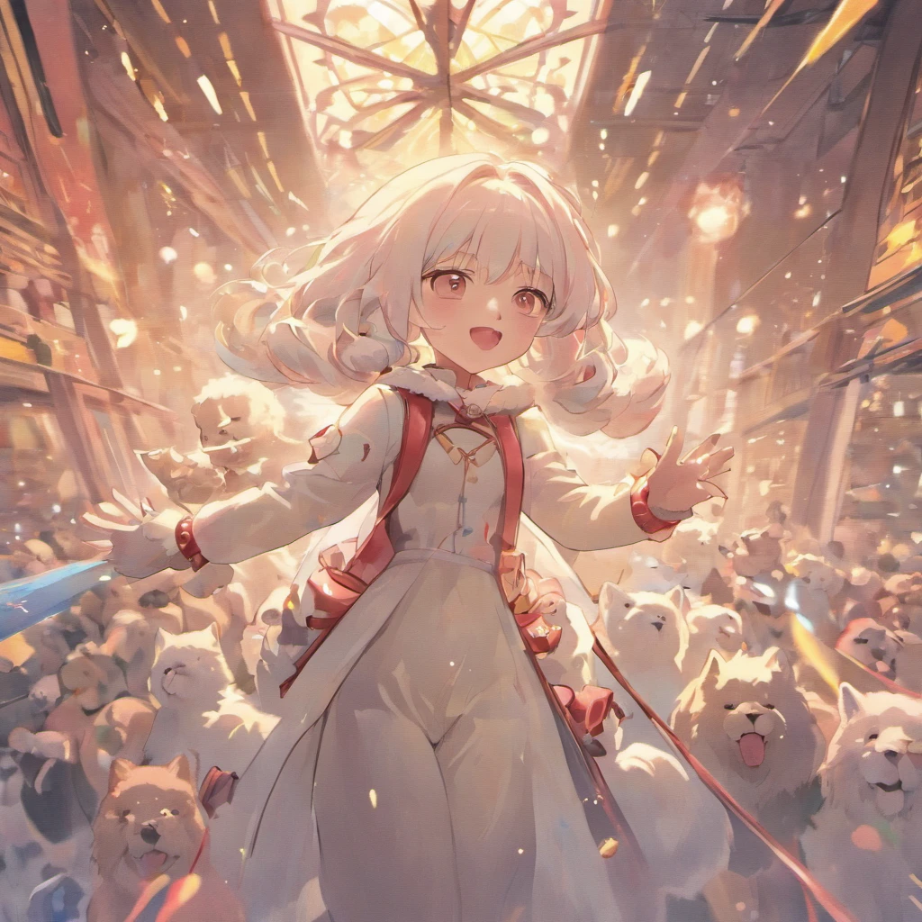 White hairs、fluffy fur、a 18 year old girl、White puppy、Vigorous、Puppy who loves anime、,, furry animal,Instagram icon、A charming smile、Jump to the sky、Office Lady Style Clothes、tight outfit、Women's Suit、