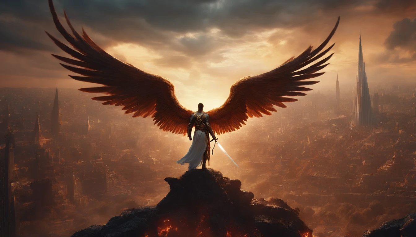 Gleaming angel with wings on his back spread over a city and with a sword in the middle of a great army of demons