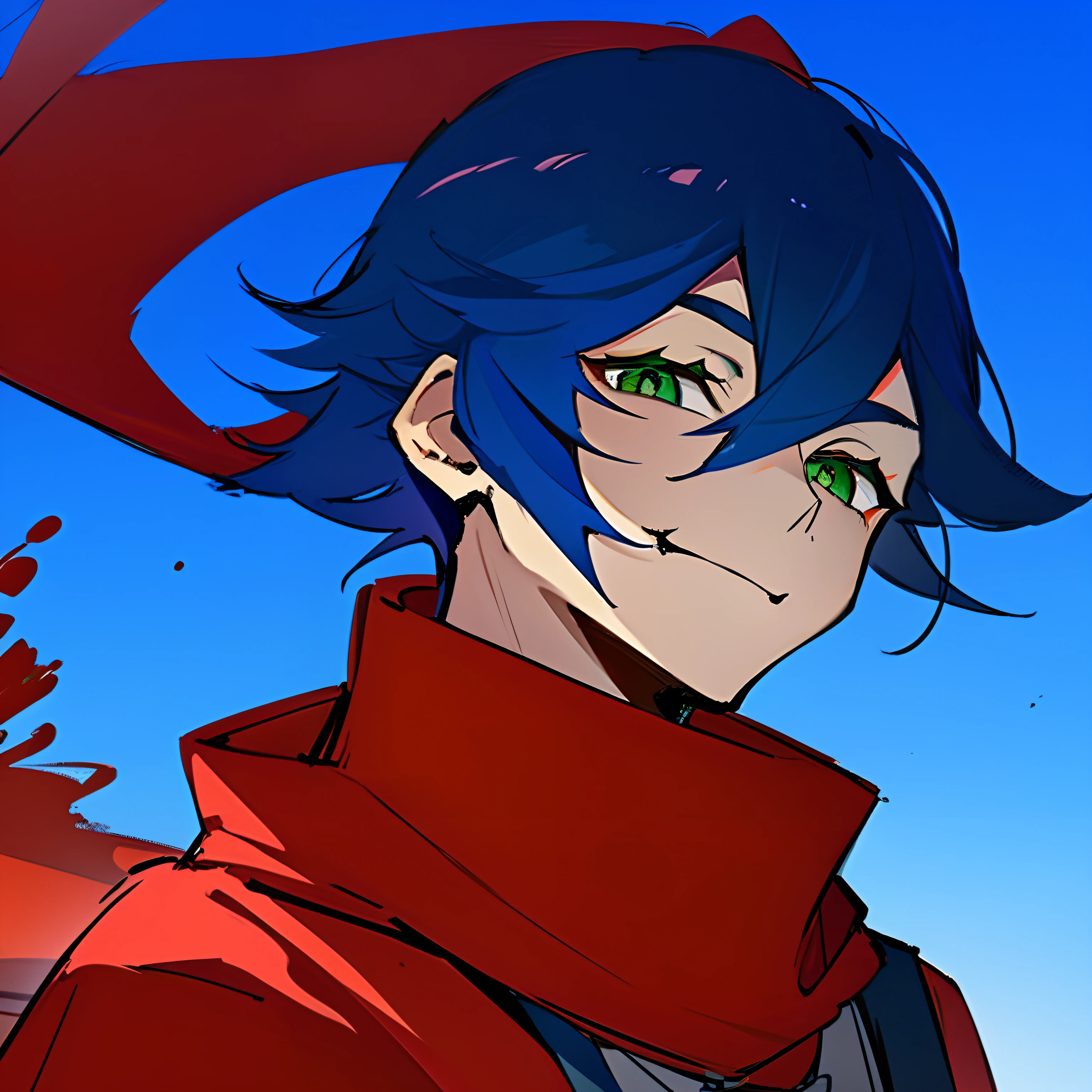 age Male, dark blue hair, green eyes, smiling, happy, wearing red scarf, silly, painting