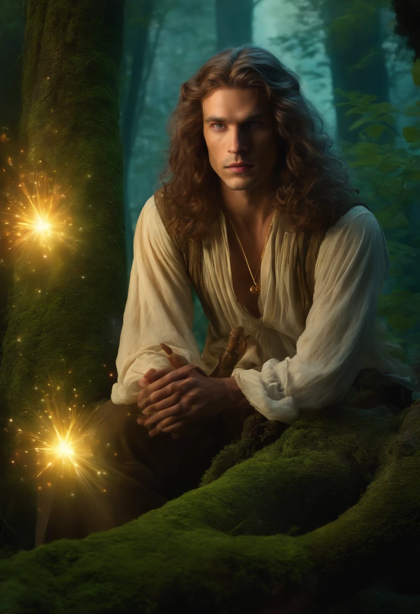 ((One Man)), portrait of a man in a mithorogic costume, ((Long sleaves)), With mystical colored eyes, pale skin, and long hair, Magical, Beautiful, Enchanting, Photorealism, mid-shot, ((Deep forest)), (((Make airborne particles shine))), ((Fantasy Art)), ((fireflys)),