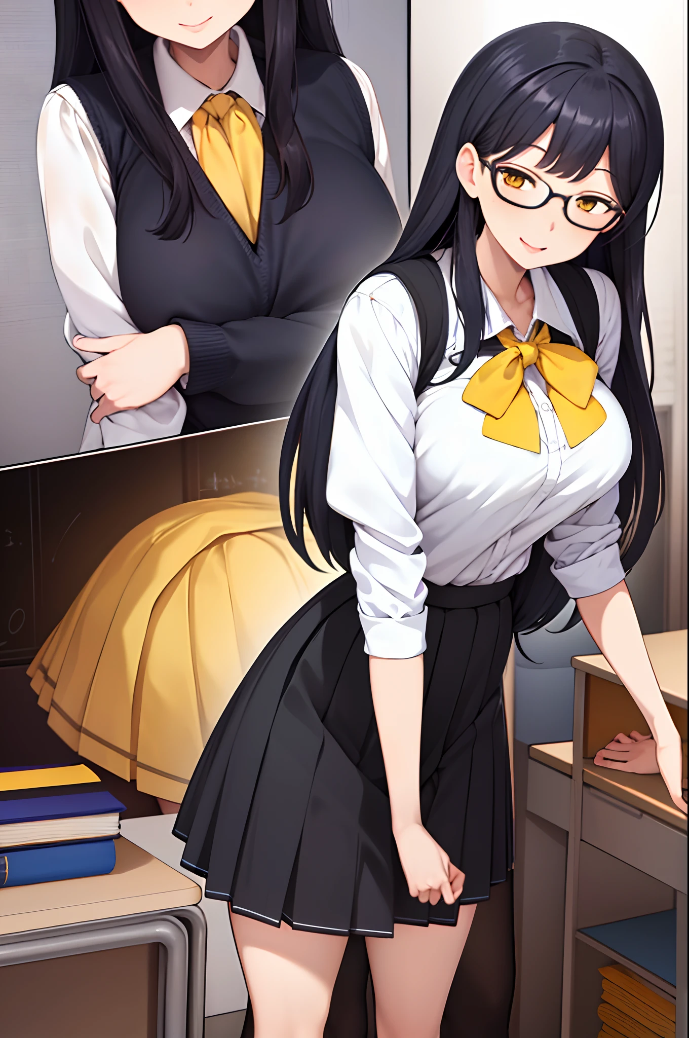 best quality,ultra-detailed (jk school uniform) 1girll,,{Black hair} (long whitr hair)(Lateral hair)(Shawl hair)(hair straight),(Glasses),(Yellow eyes),fleshy feeling,Fleshy legs,Large breasts,portraits,photorealistic,studio lighting,vivid colors,pleated skirt,white blouse,long socks,loose tie,ribbon,long hair,smiling faces,bright classroom background,beautiful detailed eyes,beautiful detailed lips,cheerful expressions,accessories like backpacks and books,typical school setting,playful poses,,flower decorations,happy atmosphere