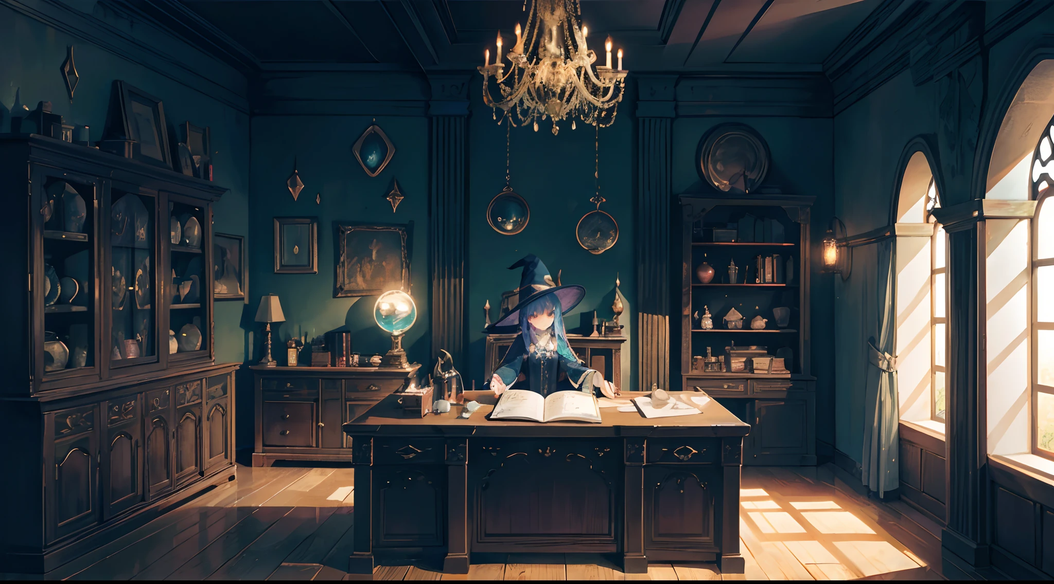 (Background art) , frontal composition, (Magic Workshop), (dimly lit room), interior scenes, witch theme, (potion, broomstick, cauldron, spooky, dark room) , (Glowing goods, Settlement desk, A table where items are kept, Magic potion, Magic Book)+ , large pot on the furnace in a dimly lit room, a mushy liquid bubbles up inside the pot, Water vapor rising from the pot, suspiciously glowing spellbook float in the air, decorated wall, crystal ball enshrined on the desk, Celtic letters shine in the air, masterpiece, floating, high saturation, professional photoshoot, medium shot, 50mm focal length, normal perspective.