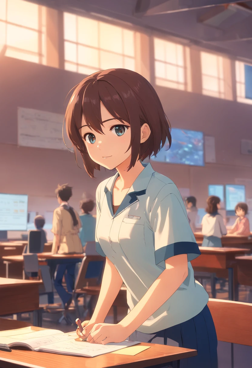masterpiece 8k, ultra quality,anime,garota na escola,sentada na sala de aula (olhando para a janela),(low-up angle)