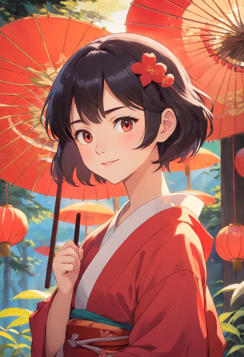 smart and prideful but gentle girl, colorful animation stills, masami teraoka,, paul gauguin, Embry style, honest portrayal, (finely best quality illustration:1.2), (kawaii girl:1.0), (1girl, solo:1.0), (black short hair:1.0), (red kimono:1.0), (smile:0.4), (upper body:1.0), (ultra-detailed, highres:1.0),