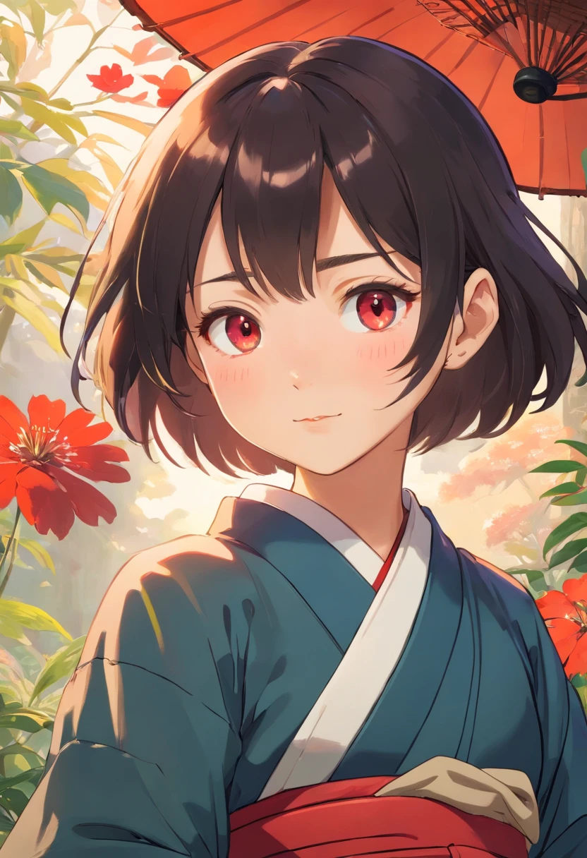 smart and prideful but gentle girl, colorful animation stills, masami teraoka,, paul gauguin, Embry style, honest portrayal, (finely best quality illustration:1.2), (kawaii girl:1.0), (1girl, solo:1.0), (black short hair:1.0), (red kimono:1.0), (smile:0.4), (upper body:1.0), (ultra-detailed, highres:1.0),