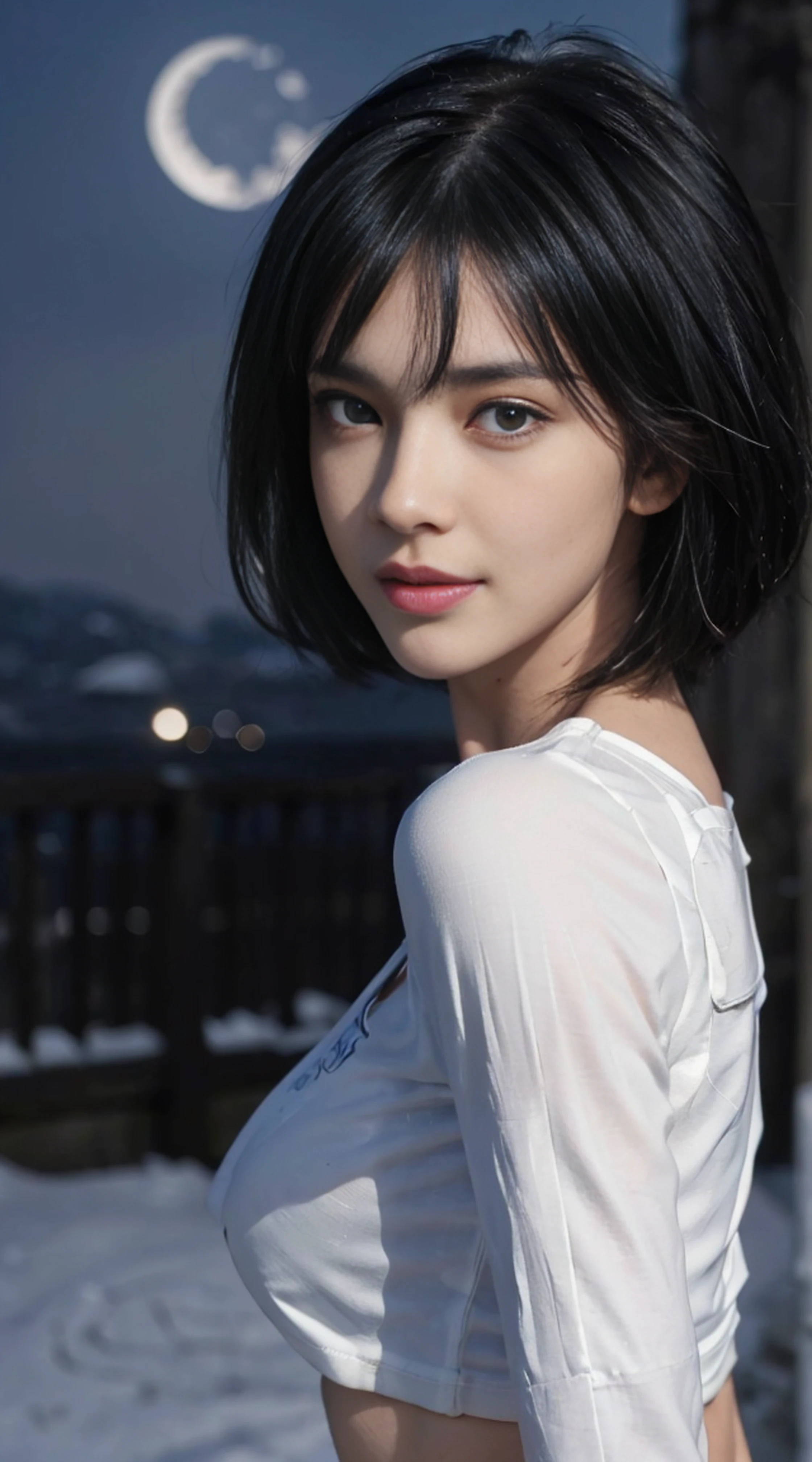 8K, Top Quality, Intricate Details, Ultra Detail, Ultra High Resolution, Masterpiece, ((close up shot)), shot from behind , looking away from viewer,, Slender, Smile, (Makeup: 0.4), (Fluffy Blue Eyes: 1.21), blue Eyes,, ((full body)), 1girl, solo, 1 girl, (( full body)), close-up shot, , , ((tall)), (((fit body))), (((slim face))), sharp face, sharp eyes, (((black hair, short hair, bangs)) ,(detailed face), sharp face, small lips, thin lips,
((crop top)), detailed face, detailed breast, , large breast, detail ass, round ass , Beautiful girl with accentuated slender abs: 1.4, Six Pack Abs: 1.4, Bust Botox, Big, Perfect Body, detail leg, (( moonlight)), in the snow