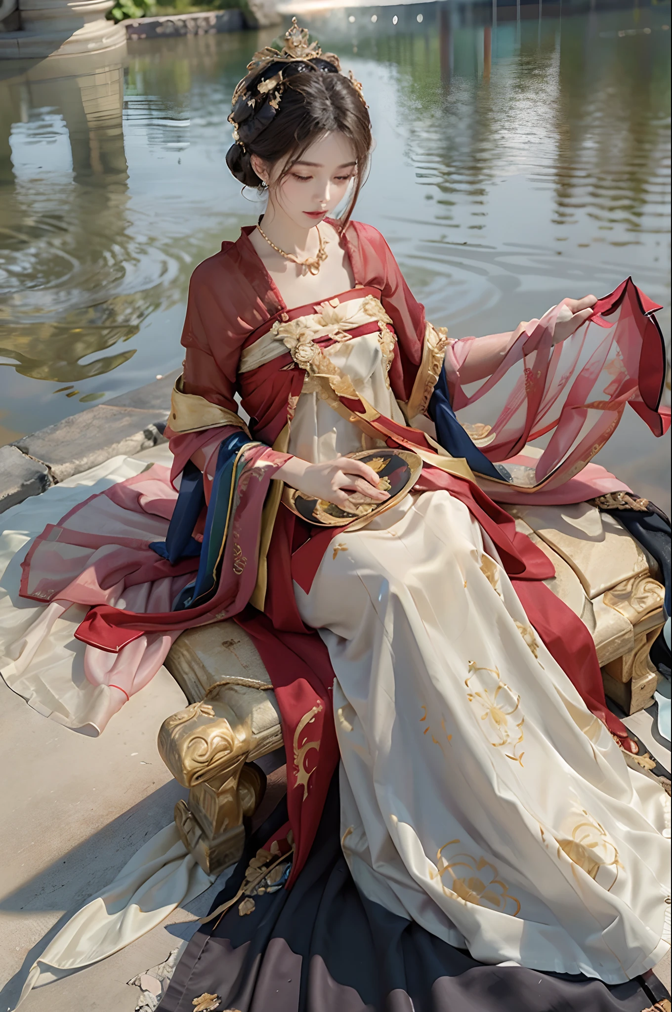 Best quality,Ultra-detailed,Realistic,A high resolution,Portrait,Red,gold,crown,detailed feathered,Beautiful woman,bright lighting,Royal Gardens,flower bloom,detailed lace,shimmering jewelry,Golden halo,floating dress,elegant,royalti,Palatial costumes,ornate headdress,Flawless makeup,Ornamental fan,suns rays,emperor,Beauty,elicate and refined,Stunning,cleavage