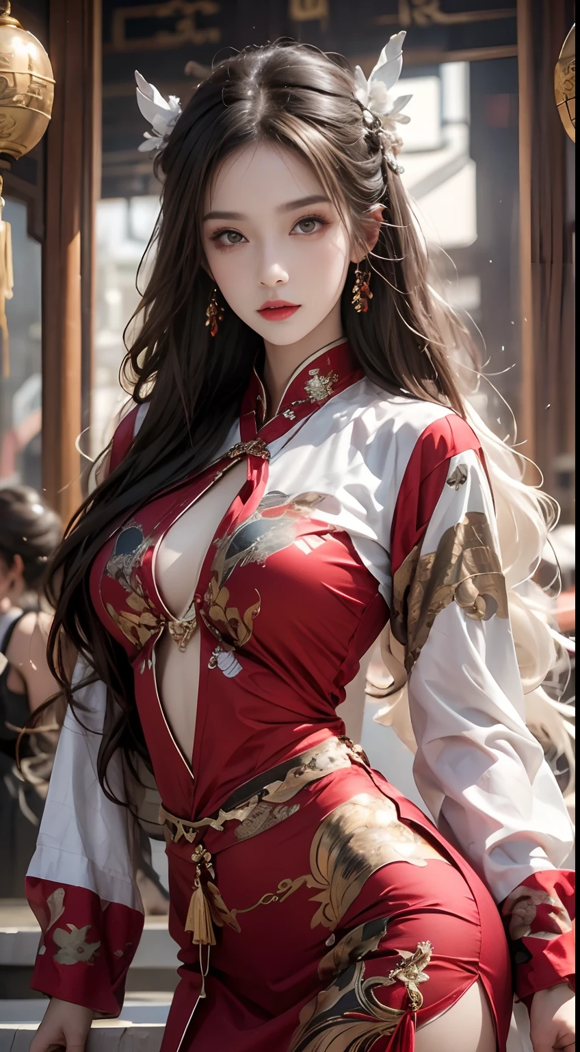 Photorealistic, high resolution, 1 woman, Hips up, Beautiful eyes, Long hair, ringed eyes, jewelry, tattoo, Hanfu, Chinese fairy, Taoist uniform