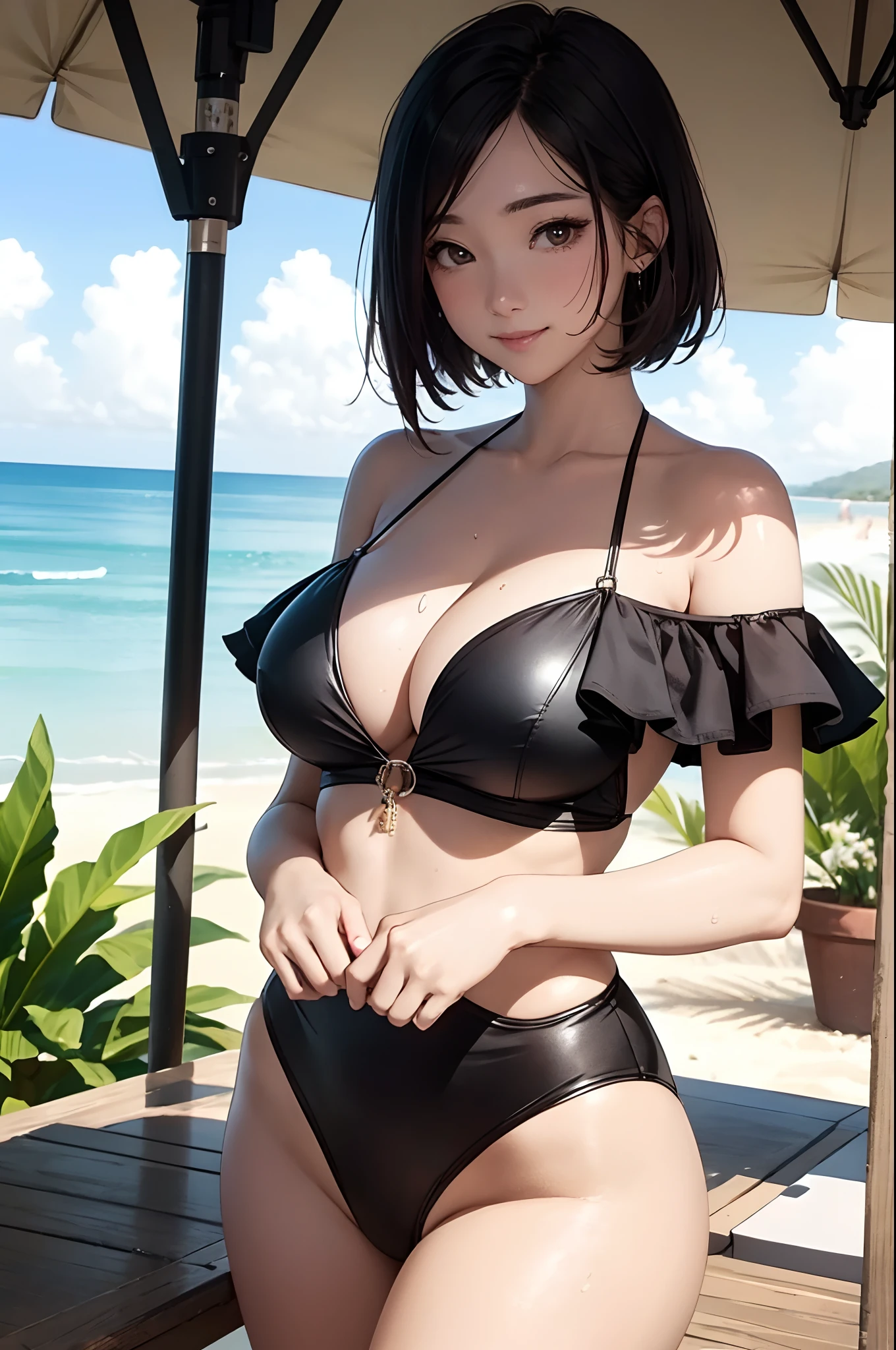 8K picture quality、top-quality、masutepiece,Black super short hair、Half of the body is in water,Large breasts,cleavage,Off-the-shoulder attire,The swimsuit fits closely,super high image quality、ultra - detailed、Ultra-realistic hair quality、Vibrant colors、Beautuful Women、beachside,sandbeach,Greenery,Sweaty forehead and cheeks、Huge ass、A smile、soft pink lips、Ultra-realistic flesh、Red cheeks