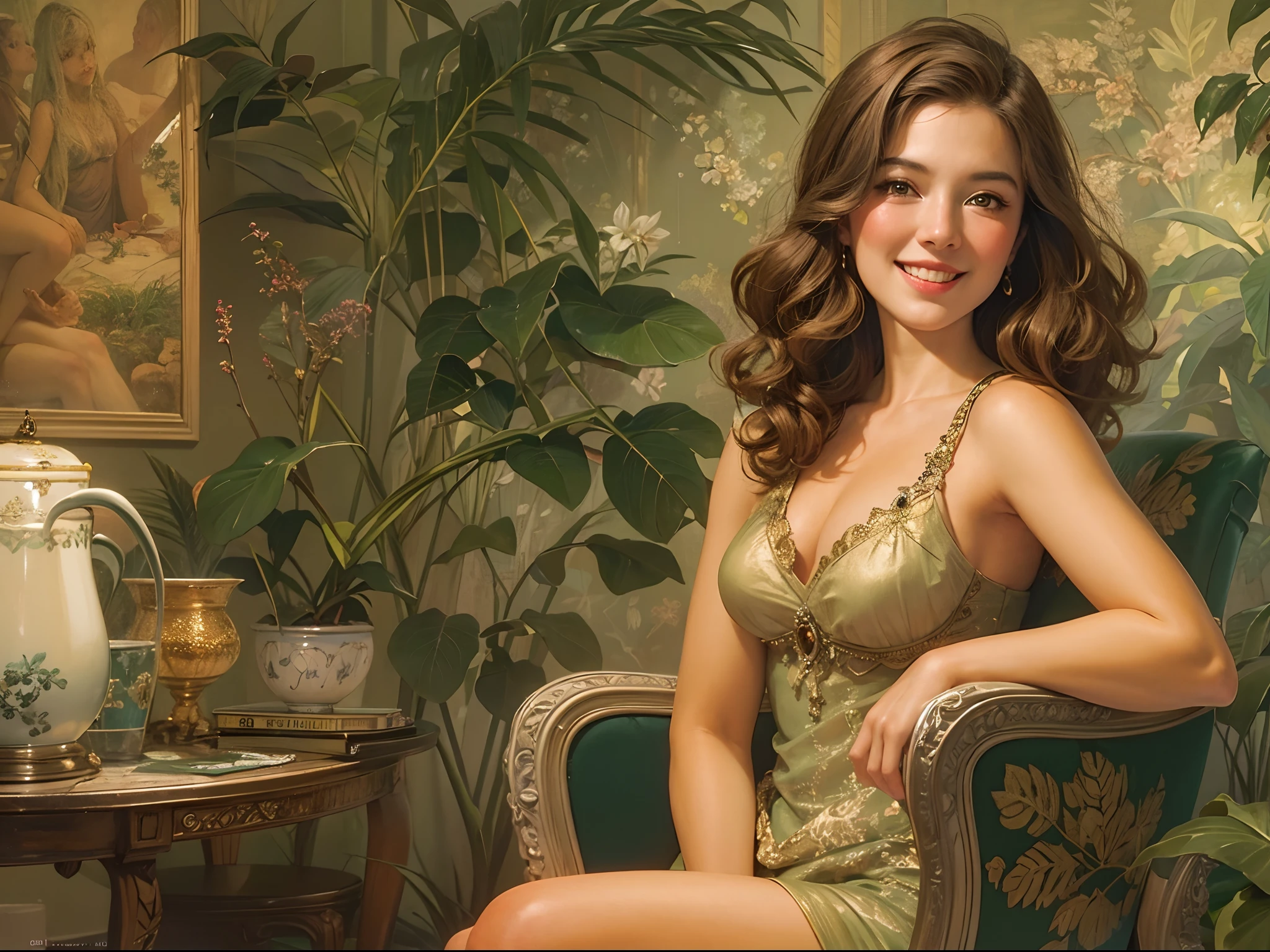 Sexy woman smiling, view the viewer, Brown hair, sit on chair, vintage art, illustration, Detailed, In the living room, Green wall