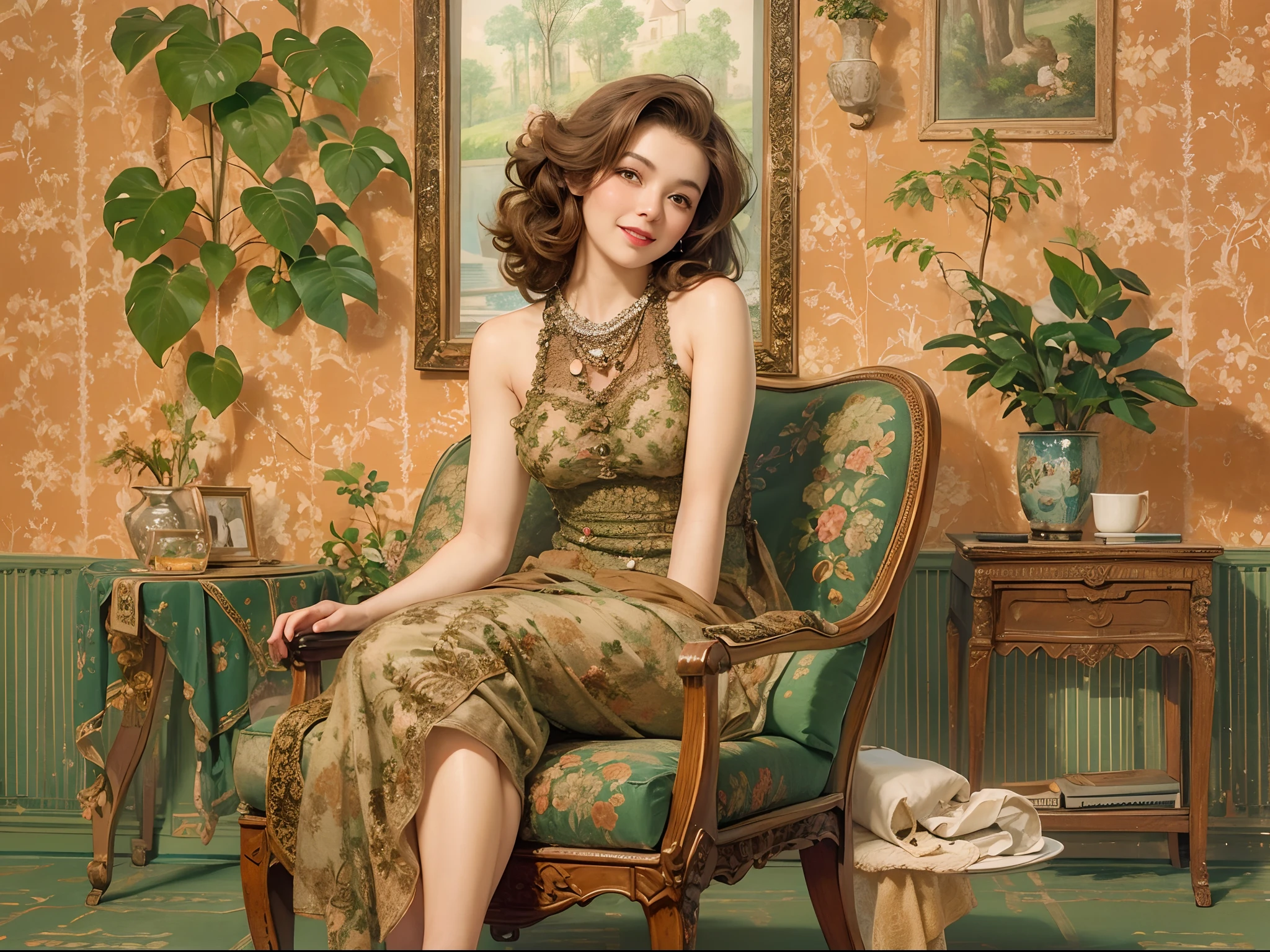 Sexy woman smiling, view the viewer, Brown hair, sit on chair, vintage art, illustration, Detailed, In the living room, Green wall