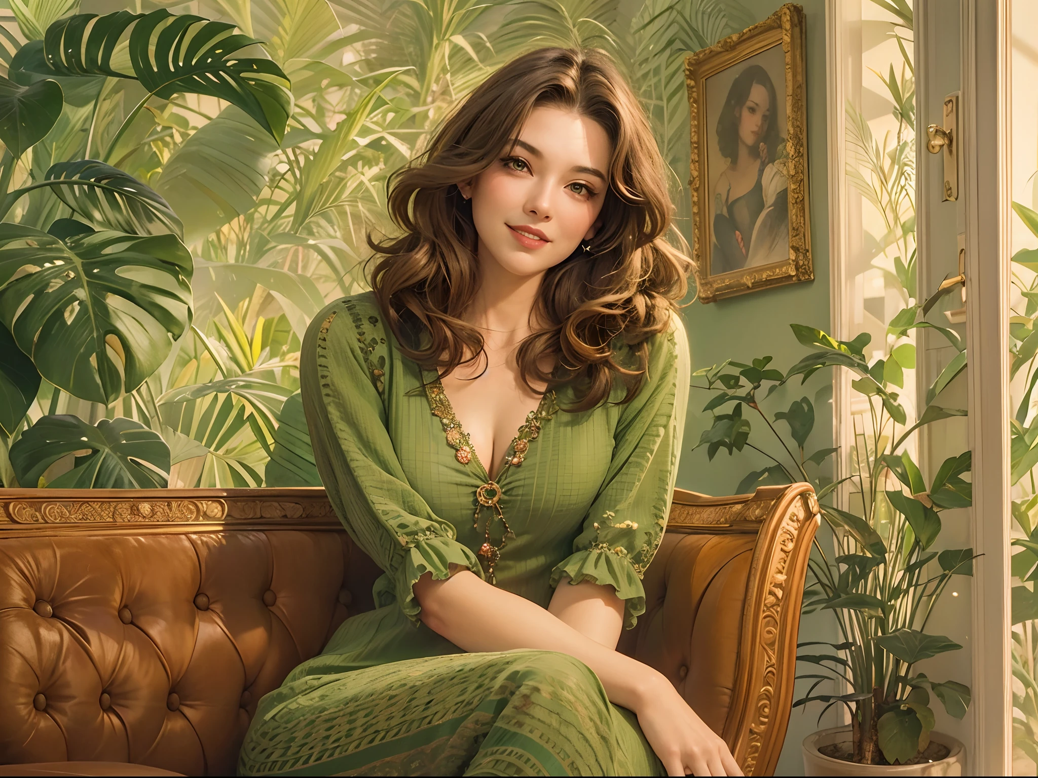 Sexy woman smiling, view the viewer, Brown hair, sit on chair, vintage art, illustration, Detailed, In the living room, Green wall