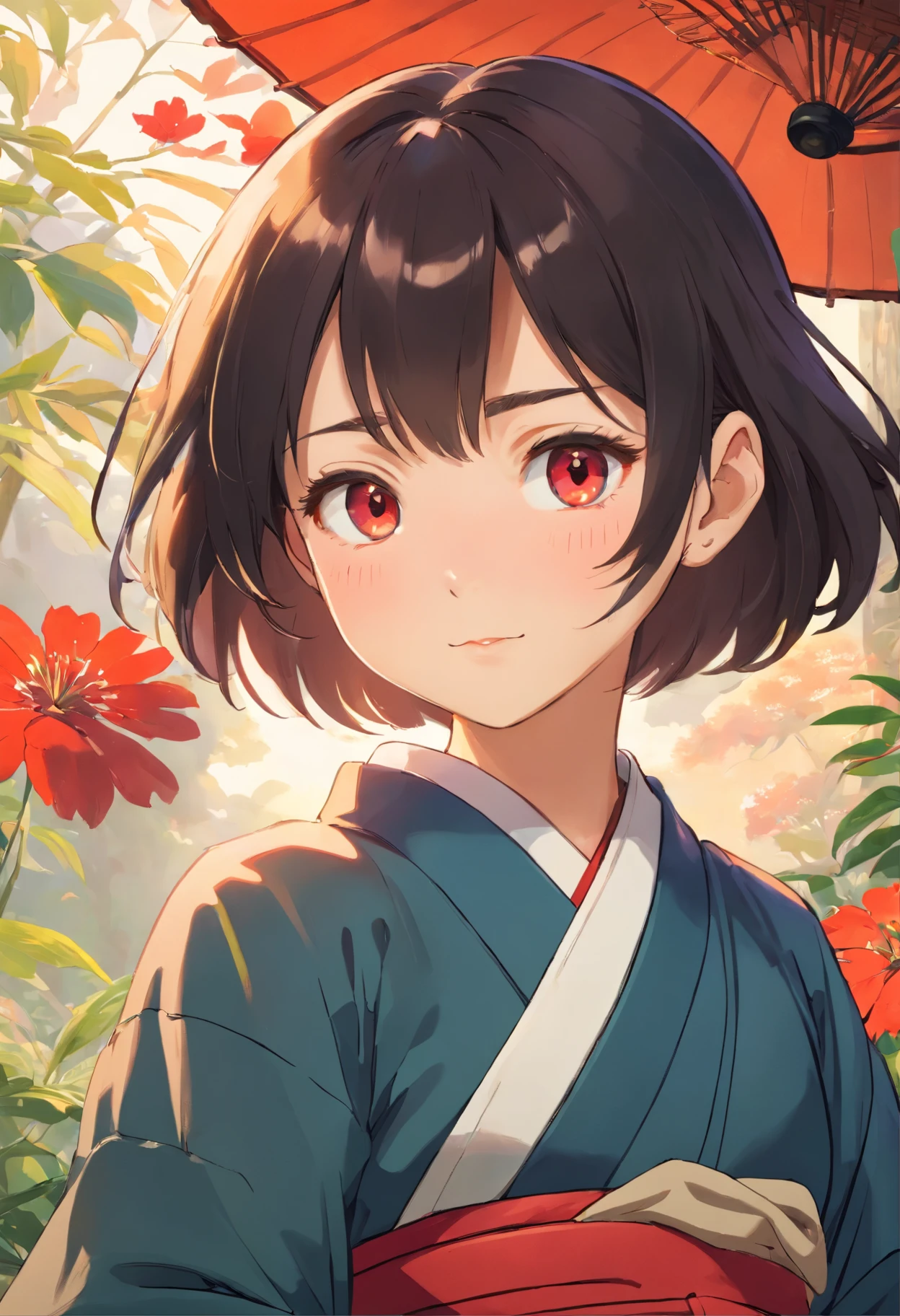 smart and prideful but gentle girl, colorful animation stills, masami teraoka,, paul gauguin, Embry style, honest portrayal, (finely best quality illustration:1.2), (kawaii girl:1.0), (1girl, solo:1.0), (black short hair:1.0), (red kimono:1.0), (smile:0.4), (upper body:1.0), (ultra-detailed, highres:1.0),