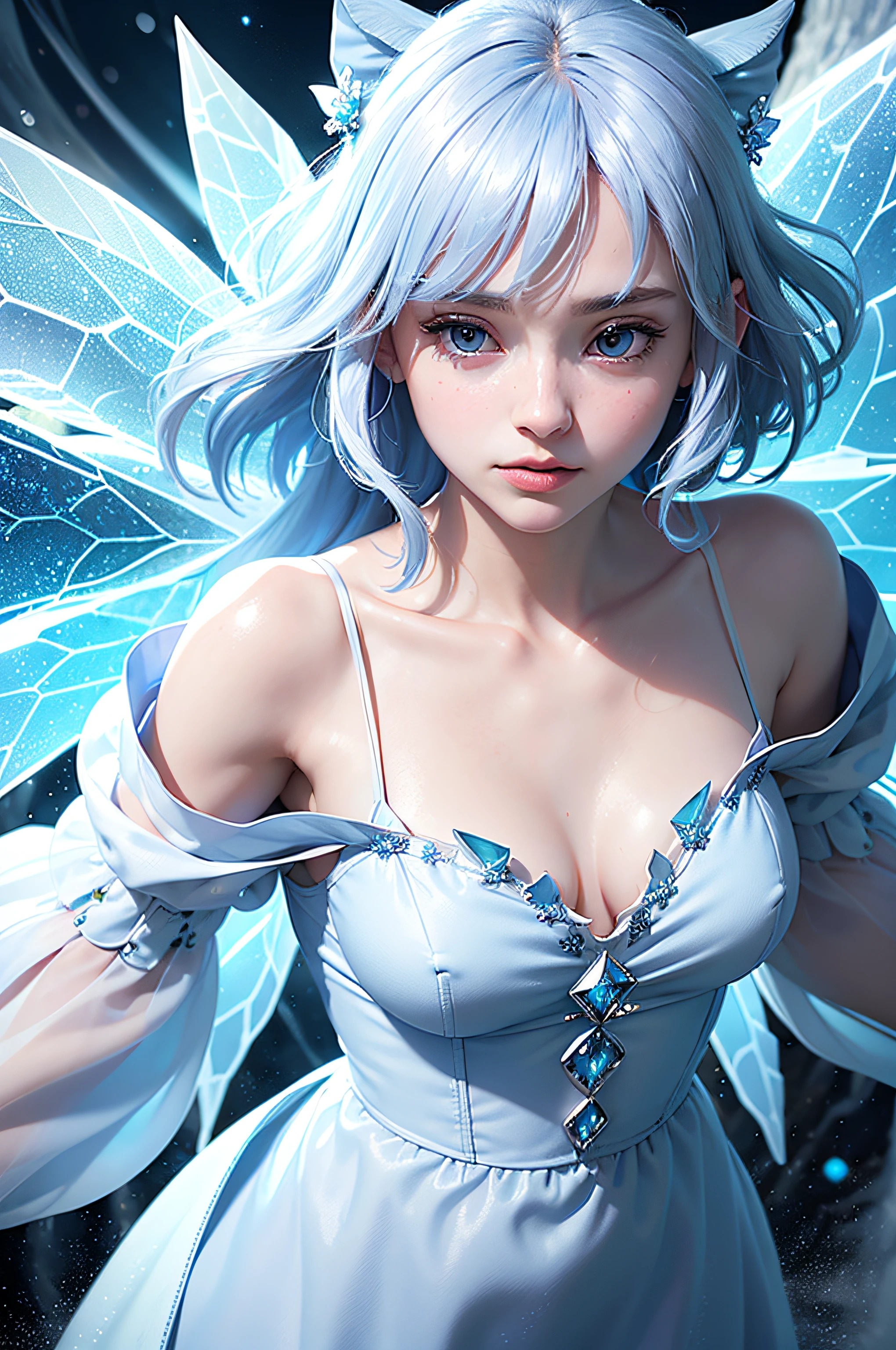 (Masterpiece, Top Quality, Best, Official Art, Beautiful and Aesthetic, Long Exposure: 1.2), Smooth Movement, Charming Patterns, 1 Girl, (((Cirno))), (Long Dress with Sleeves: 1.3), ((White and Blue Clothes)), upper body close-up, bare shoulders, blush, black lob hair, portrait, solo, upper body, looking at the observer, detailed background, detailed face, (crystallineAI, crystalline theme:1.1), elemental water elf, rotation foliage, control foliage, saphire clothing, dynamic pose, floating particles, ethereal dynamics, foliage, vapor, ice in the background, blue tint, lake, ethereal atmosphere