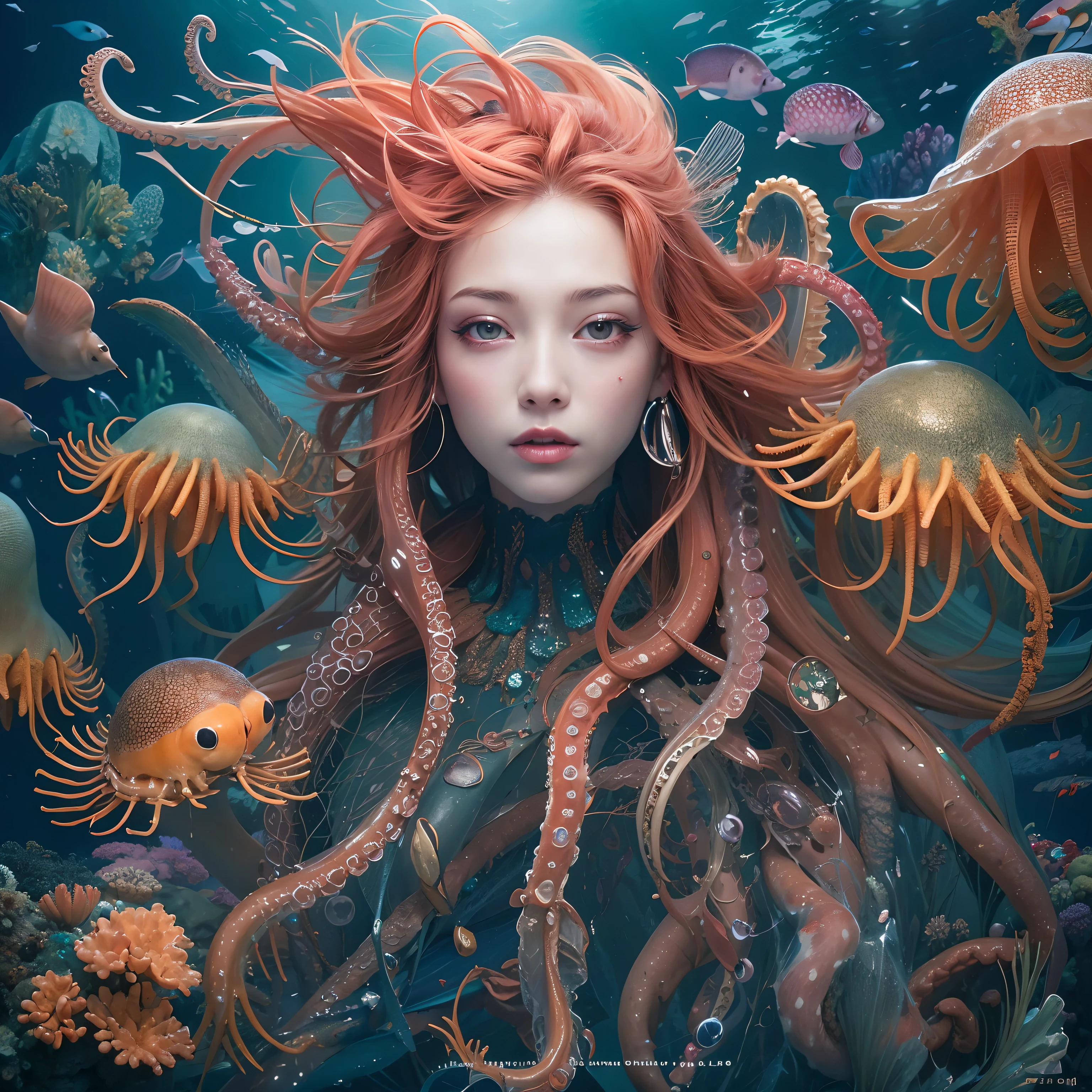 Masterpiece,(mermaids),face,Fish body,The figure is awesome,(Octopus antennae hair),((Deep under the dark seabed))、((Glowing jellyfish))、Beautiful coral reef、The fish,Lots of details,ultraclear,(Cinema lenses),Movie quality,(high quality),black light art