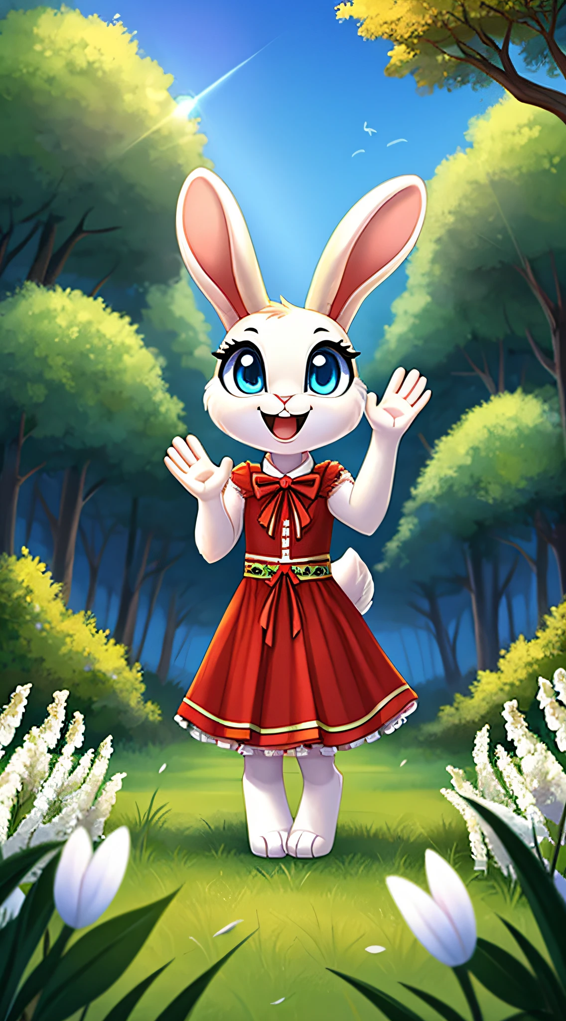 zoomed out image, fantasy style art, cute, adorable, short character, small, tiny little fluffy female white bunny with blue eyes, 4 ears, 2 extra ears, big floppy ears, long ears, ears perked up, raised ears, long eyelashes, poofy rabbit tail, wearing a red frilly ribbon dress, smiling, standing in a forest, big expressive smile, waving hello, excited pose, happy to see you, open mouth, wide eyes, excited eyes, excited face, stunning visuals, sunlight coming through the trees, white flowers scattered in the bushes, digital illustration