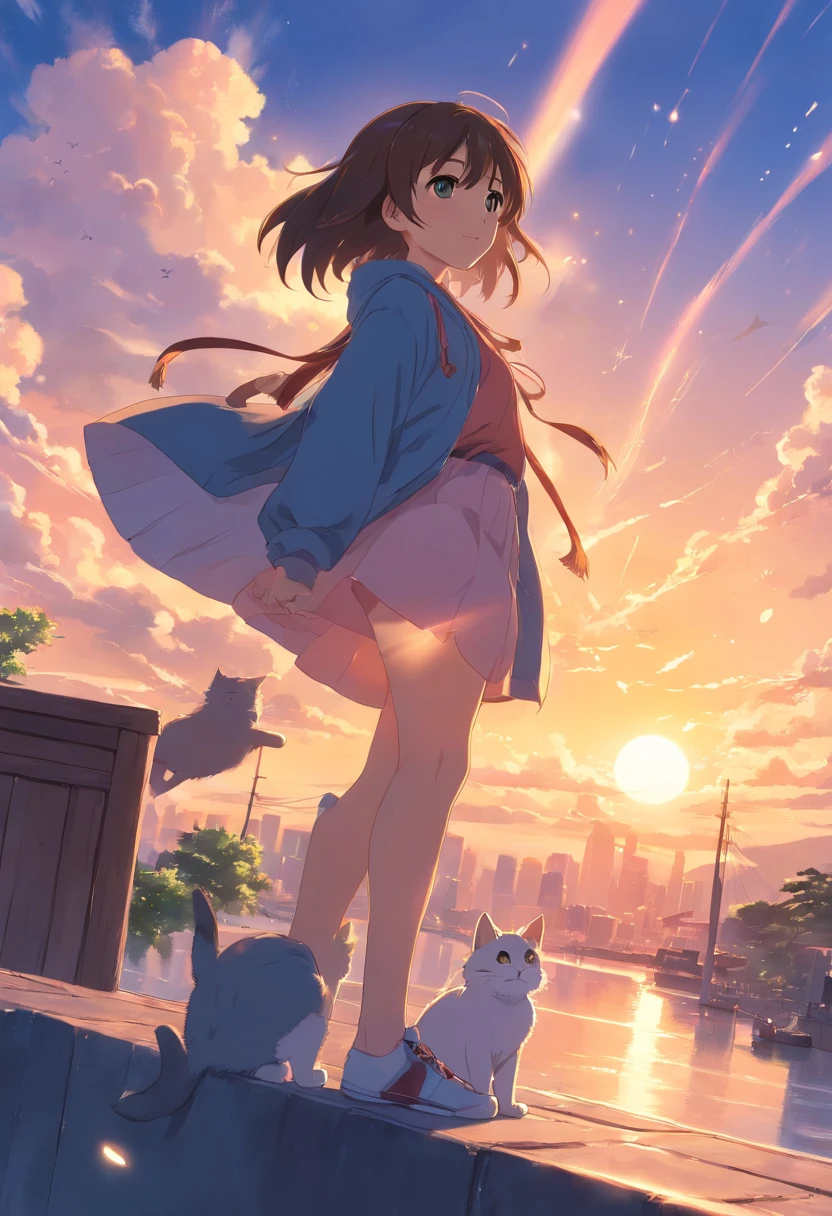 obra-prima, melhor qualidade, filme ainda, gato, cat nuvem, floating into the sky, close-up, brilhante, feliz, soft and warm lighting, sun sunset, (Sparks: 0,7) olhos brilhantes,