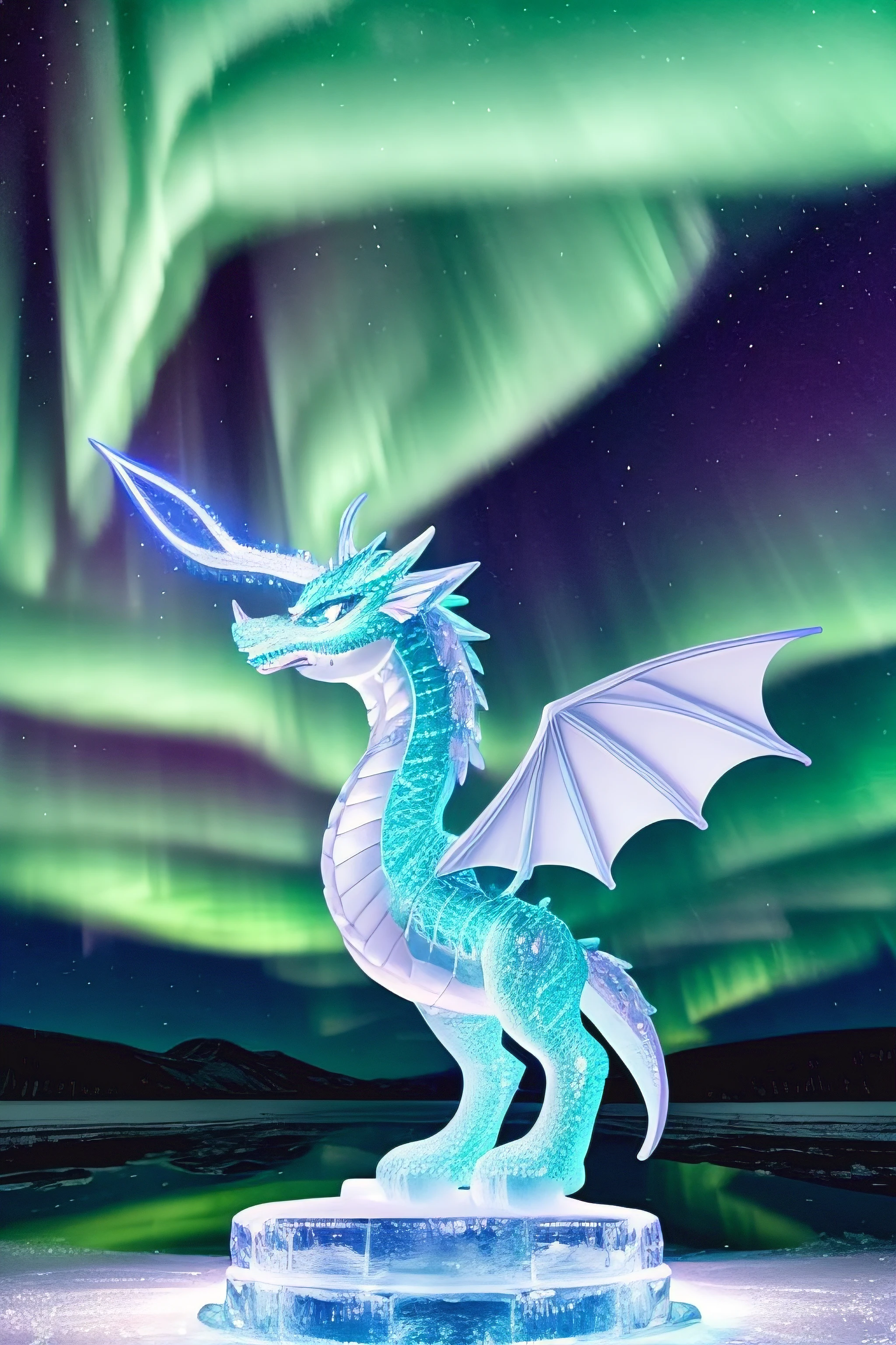 cute chibi ice dragon ice-skating on Nordic pond, night, aurora borealis, detailed, high quality, high resolution, 8k, high saturation