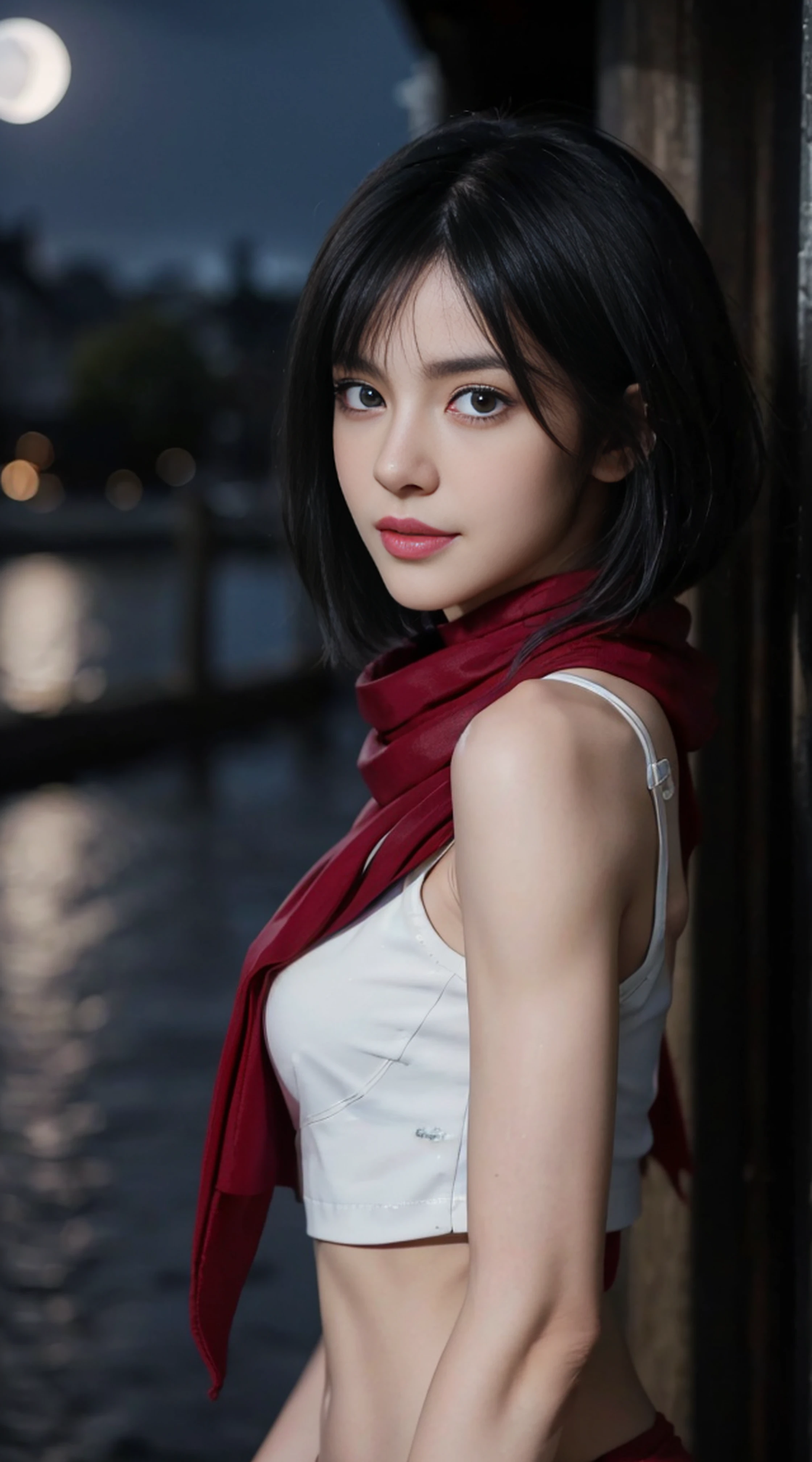 8K, Top Quality, Intricate Details, Ultra Detail, Ultra High Resolution, Masterpiece, random angle, mikasa ackerman,   Slender, Smile, (Makeup: 0.4), (Fluffy Blue Eyes: 1.21), blue Eyes,, ((full body)), 1girl, solo, 1 girl, (( full body)),  close-up shot,  , , ((tall)), (((fit body))), (((slim face))), sharp face, sharp eyes, (((black hair,  short hair, bangs ))  ,(detailed face), sharp face, small lips, thin lips, 
 ((red scarf, crop top, thigh strap)),  detailed face, detailed breast, , large breast, detail, , Beautiful girl with accentuated slender abs: 1.4, Six Pack Abs: 1.4, Bust Botox, Big, Perfect Body, detail leg, (( moonlight)), ocean