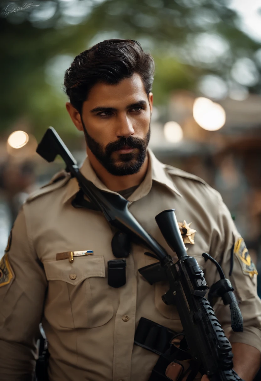 Homem lindo segurando arma , police, barba rala