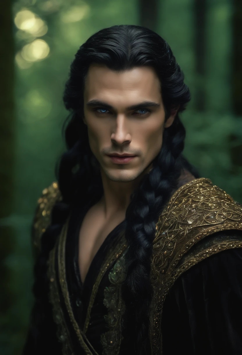 ((one man)), Fantasy portrait of a man in mithorogic costume, ((long sleaves)), with mysterious colored eyes, pale skin, and loose braided black hair, magical, beautiful, enchanting, photorealism, midshot, ((deep forest)), (((sparkle particles in the air))), ((fantasy art)), ((fireflys)),