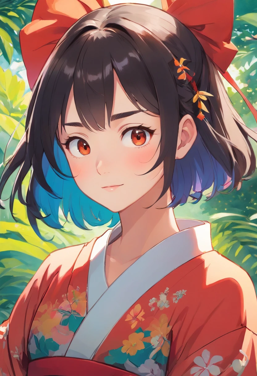 smart and prideful but gentle girl, colorful animation stills, masami teraoka,, paul gauguin, Embry style, honest portrayal, (finely best quality illustration:1.2), (kawaii girl:1.0), (1girl, solo:1.0), (black short hair:1.0), (red kimono:1.0), (smile:0.4), (upper body:1.0), (ultra-detailed, highres:1.0), no background