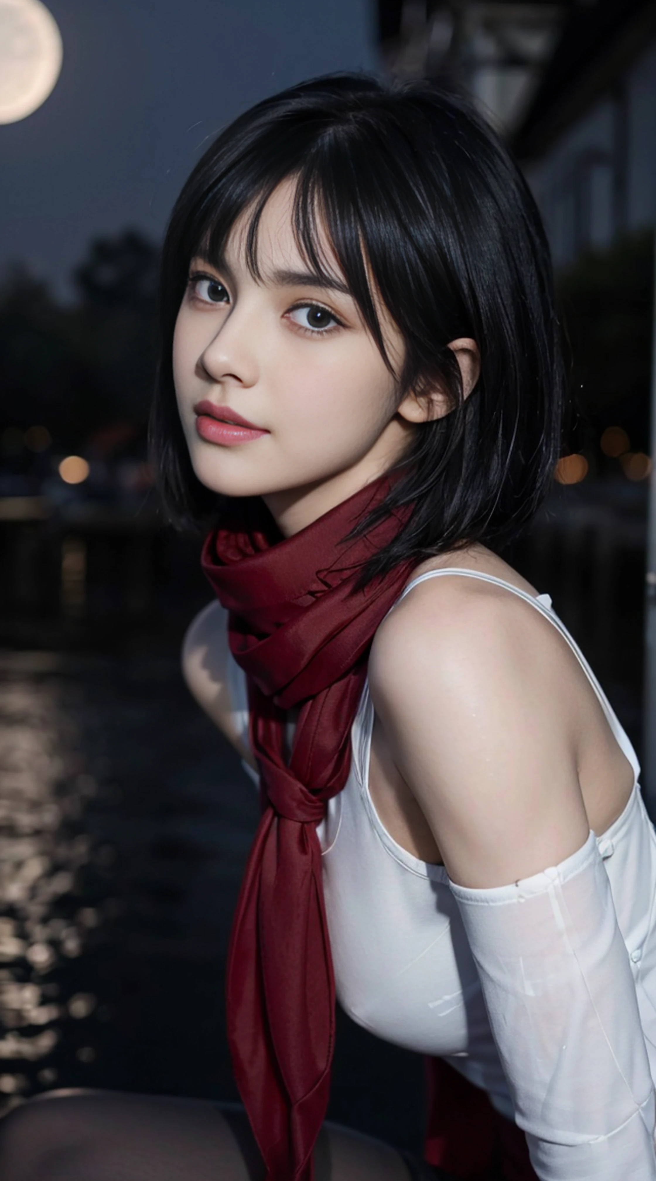 8K, Top Quality, Intricate Details, Ultra Detail, Ultra High Resolution, Masterpiece, random angle, mikasa ackerman, Slender, Smile, (Makeup: 0.4), (Fluffy Blue Eyes: 1.21), blue Eyes,, ((full body)), 1girl, solo, 1 girl, (( full body)), close-up shot, , , ((tall)), (((fit body))), (((slim face))), sharp face, sharp eyes, (((black hair, short hair, bangs )) ,(detailed face), sharp face, small lips, thin lips,
((red scarf, thigh strap)), detailed face, detailed breast, , large breast, detail, , Beautiful girl with accentuated slender abs: 1.4, Six Pack Abs: 1.4, Bust Botox, Big, Perfect Body, detail leg, (( moonlight)), ocean