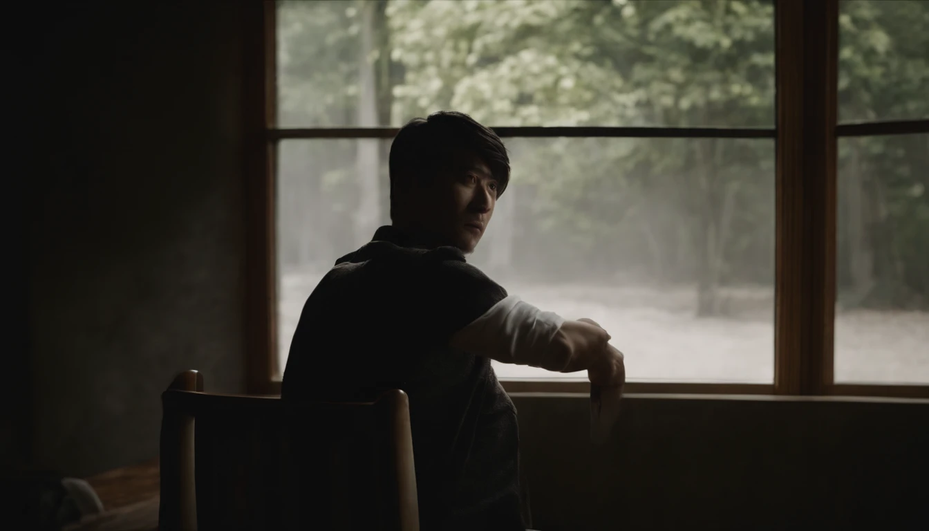 Man in the back Backwards Man Japan Man In a dark room canny scary atmosphere realistic top-quality delicate Live Action realisitic a picture Realistic hair short-haired