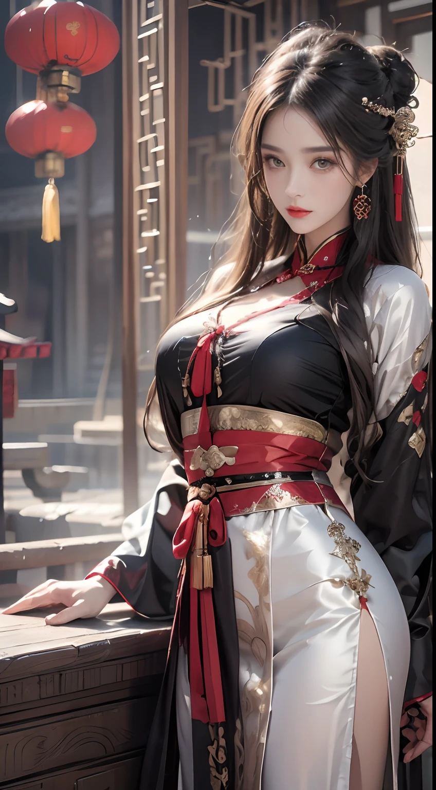 Photorealistic, high resolution, 1 woman, Hips up, Beautiful eyes, Long hair, ringed eyes, jewelry, tattoo, Hanfu, Chinese fairy, Taoist uniform