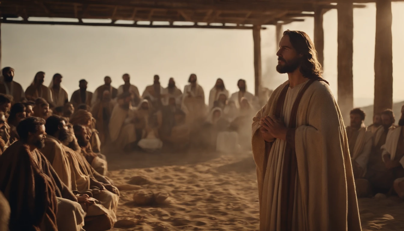 Jesus sentado com pecadores e ensinando, imagem realista em 8K hyperdetalhado