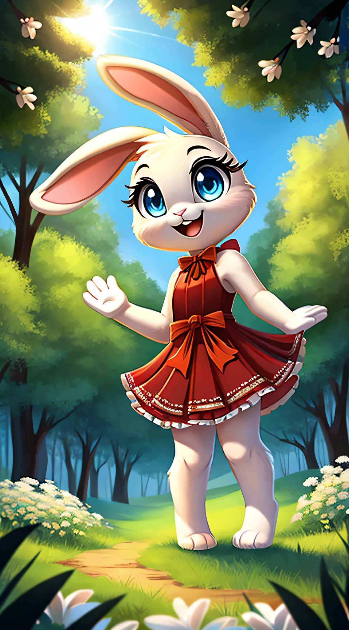 zoomed out image, fantasy style art, cute, adorable, short character, small, tiny little fluffy female white bunny with blue eyes, 4 ears, 2 extra ears, big floppy ears, long ears, ears perked up, raised ears, long eyelashes, poofy rabbit tail, wearing a red frilly ribbon dress, smiling, standing in a forest, big expressive smile, waving hello, one hand raised, one hand down, excited pose, happy to see you, open mouth, wide eyes, excited eyes, excited face, stunning visuals, sunlight coming through the trees, white flowers scattered in the bushes, digital illustration