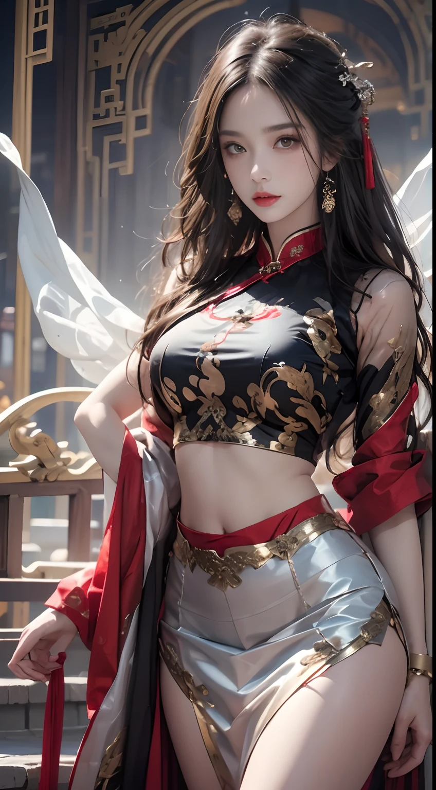 Unreal Engine:1.4,nffsw,best qualtiy:1.4, Photorealista:1.4, Skin texture:1.4, masterpiece:1.8, 1 Women, hips up high, beautidful eyes, The long-haired, Ringed eyes, jewely, tattoo, Hanfu, chinese fairy, Taoist uniform:1.4 ,