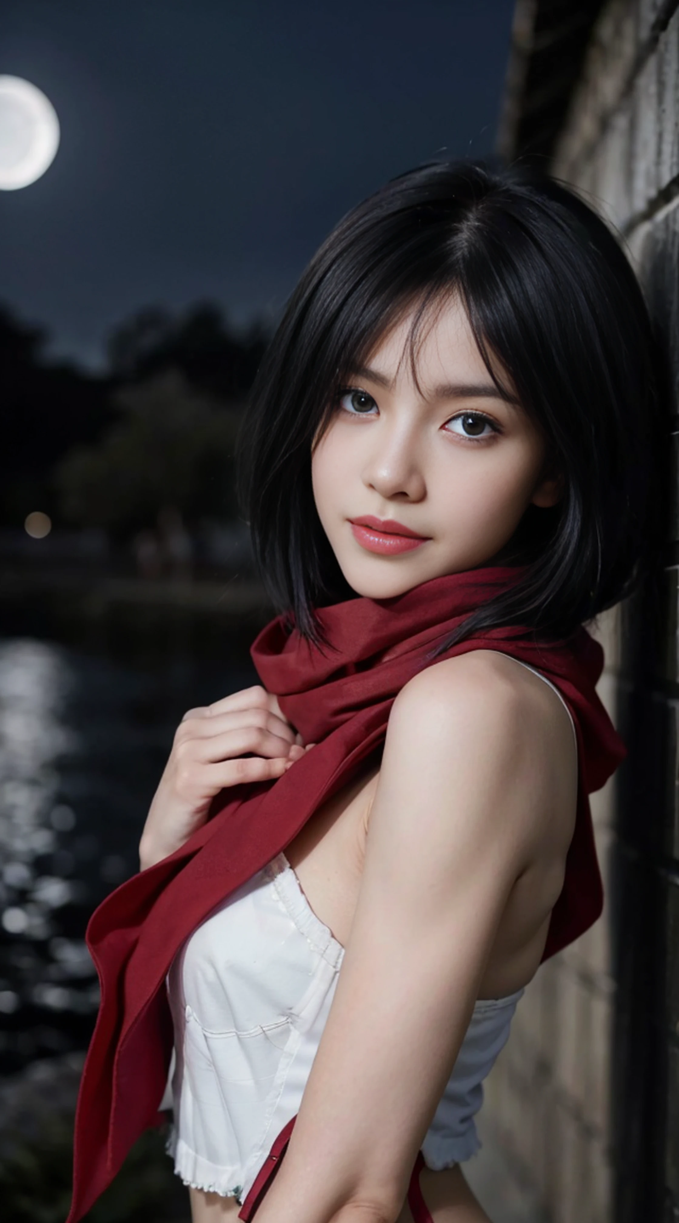 8K, Top Quality, Intricate Details, Ultra Detail, Ultra High Resolution, Masterpiece, random angle, mikasa ackerman,   Slender, Smile, (Makeup: 0.4), (Fluffy Blue Eyes: 1.21), blue Eyes,, ((full body)), 1girl, solo, 1 girl, (( full body)),  close-up shot,  , , ((tall)), (((fit body))), (((slim face))), sharp face, sharp eyes, (((black hair,  short hair, bangs ))  ,(detailed face), sharp face, small lips, thin lips, 
 ((red scarf, thigh strap)),  detailed face, detailed breast, , large breast, detail, , Beautiful girl with accentuated slender abs: 1.4, Six Pack Abs: 1.4, Bust Botox, Big, Perfect Body, detail leg, (( moonlight)), ocean