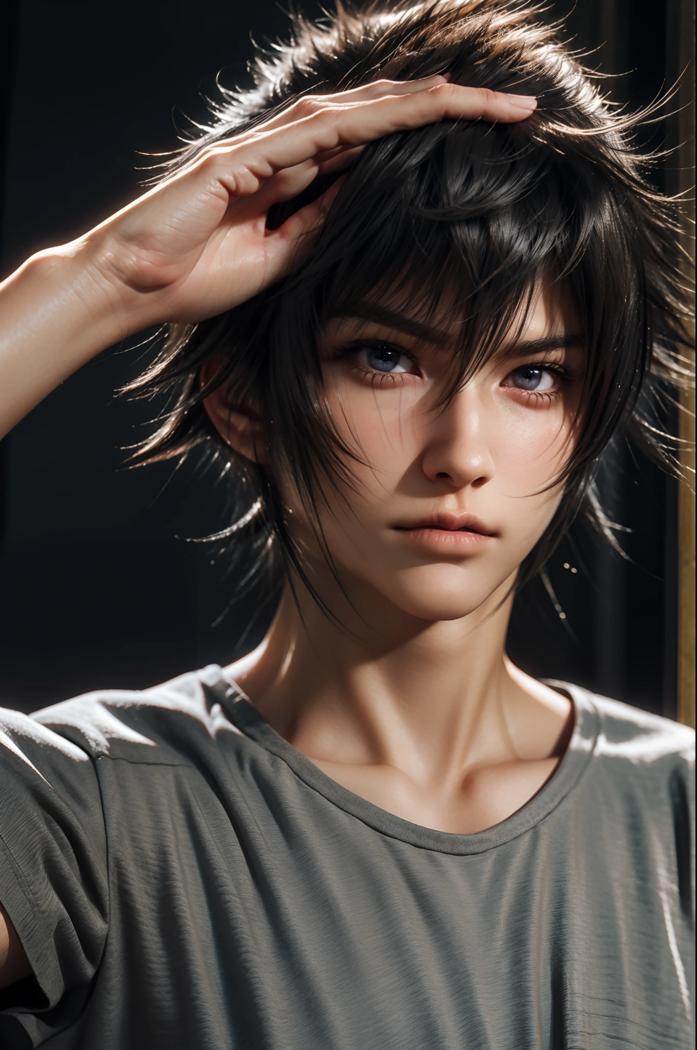 （absurderes，A high resolution，ultra - detailed，realisticlying，），1 male，独奏，mature，Tall muscular man，broad shoulder，Handsome，Very short hair，brunette color hair，with brown eye，Angular chin，Thick neck，thick eyebrow，The upper part of the body,Noctis