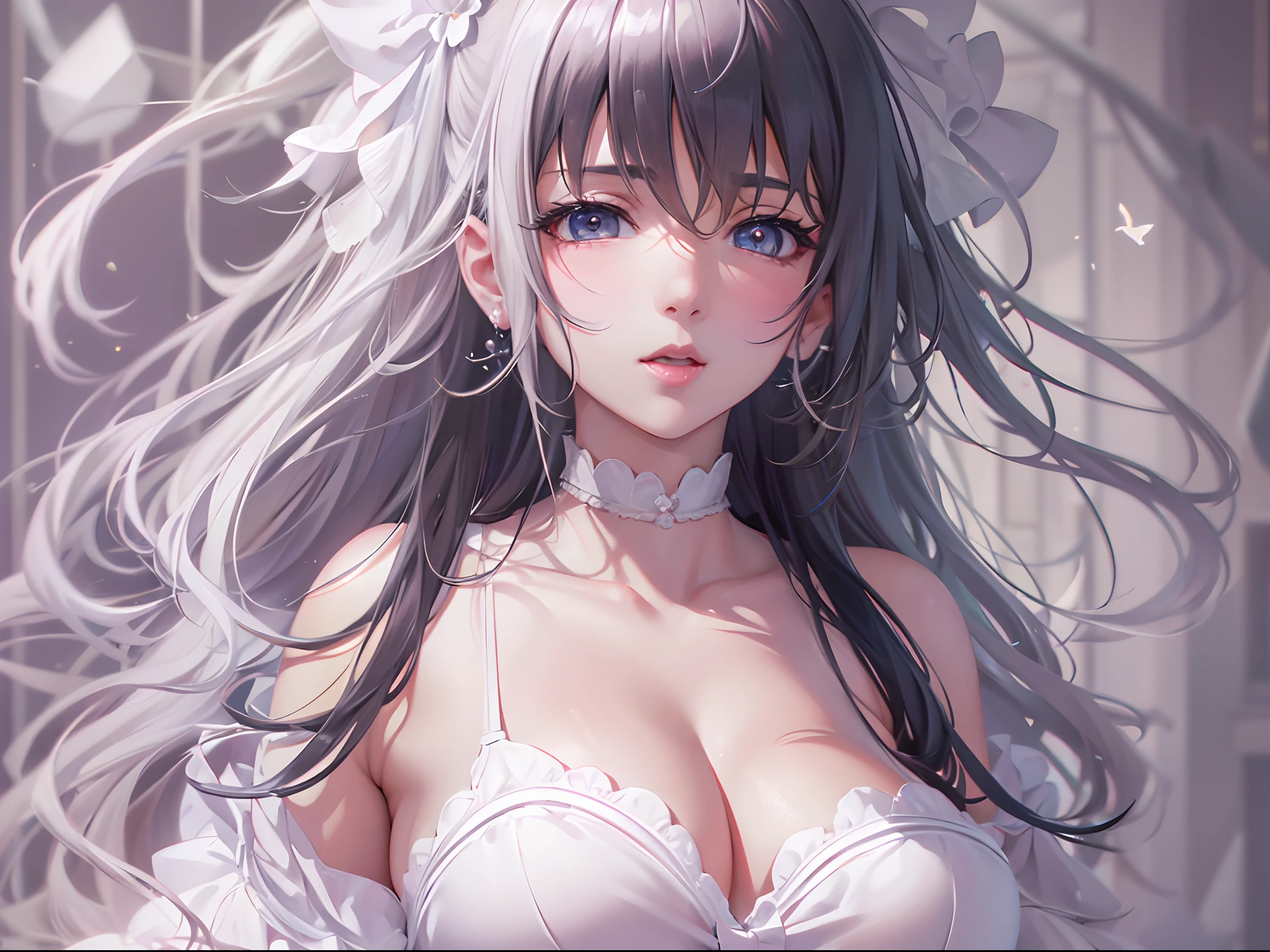 anime girl in white, be pregnant, Realistic shadows, Detailed skin, Very large breasts, Black hair, Very detailed, 8K highly detailed face, Perfect face shape, Perfect lips, Perfect nose, Correct beautiful eyes, Watching Viewer, Masterpiece, Best quality, Single girl, No bra, , Solo
