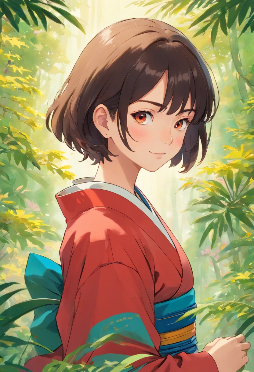 smart and prideful but gentle girl, no background, colorful animation stills, masami teraoka, paul gauguin, Embry style, honest portrayal, (finely best quality illustration:1.2), (kawaii girl:1.0), (1girl, solo:1.0), (black short hair:1.0), (red kimono:1.0), (smile:0.4), (upper body:1.0), (ultra-detailed, highres:1.0),