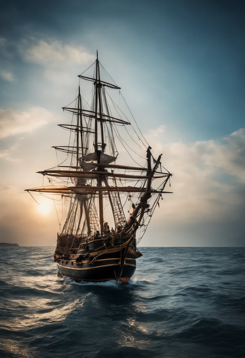 Best Quality, masuter piece, 超A high resolution, (Photorealistic:1.4), Raw photo, Professional Lighting, high-level image quality, high-detail, masterpiece、mare、Mare、Sunnyday、Pirate Ship、Sail ships、view from front、blue-sky