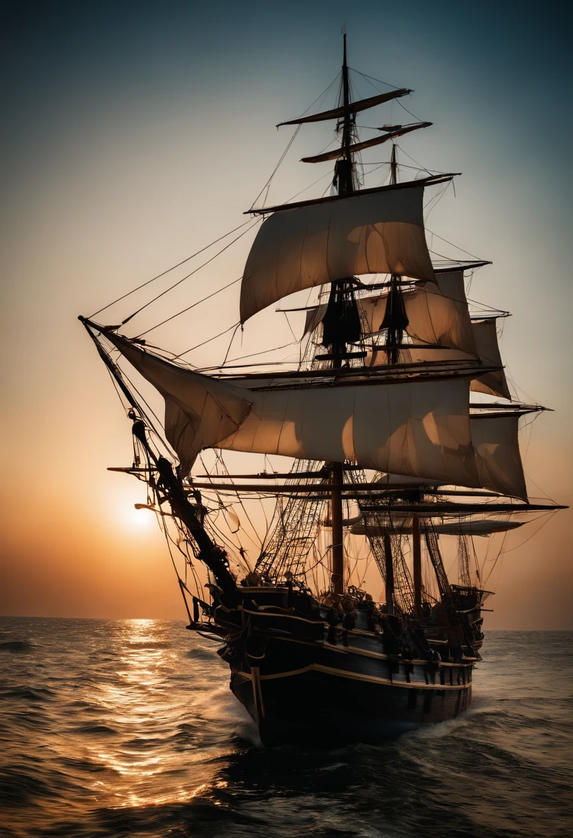 Best Quality, masuter piece, 超A high resolution, (Photorealistic:1.4), Raw photo, Professional Lighting, high-level image quality, high-detail, ​masterpiece、mare、Mare、Sunnyday、Pirate Ship、Sail ships、view from front、blue-sky