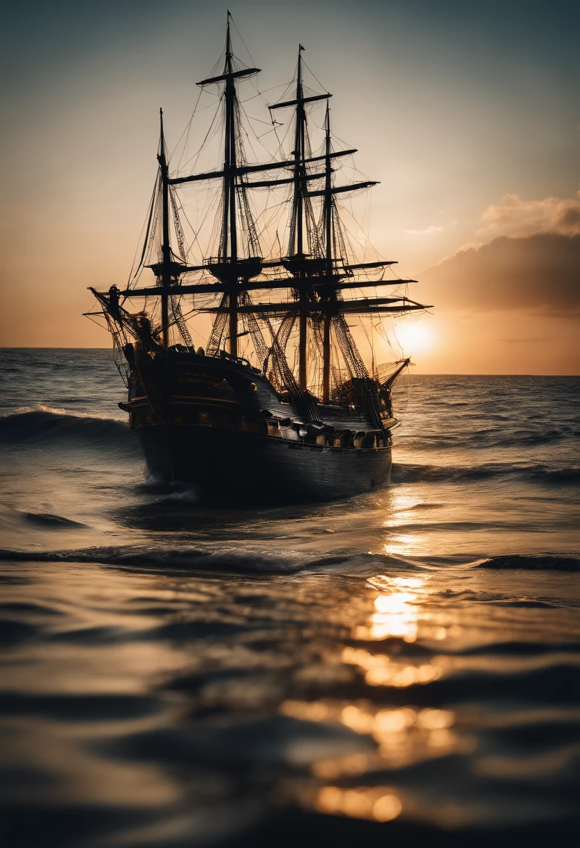 Best Quality, masuter piece, 超A high resolution, (Photorealistic:1.4), Raw photo, Professional Lighting, high-level image quality, high-detail, masterpiece、mare、Mare、Sunnyday、Pirate Ship、Sail ships、view from front、blue-sky