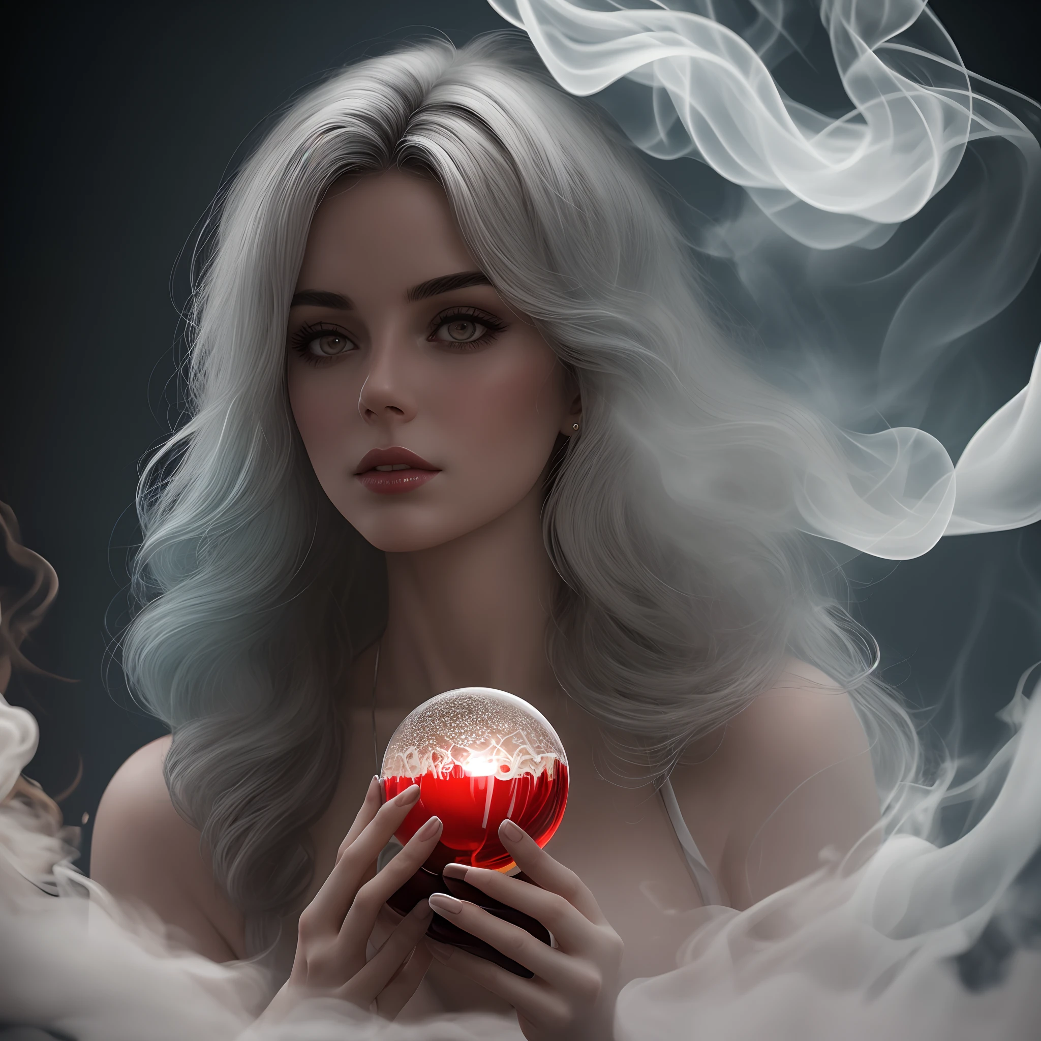 double exposure image by blending together a smokey scene and a crystal ball. The smoke should serve as the underlying backdrop, with its details subtly incorporated into the glossy crystal ball where a womans head is entrapped, Sharp focus, double exposure, glossy crystal ball, (translucent glass figure with a beautiful white haired woman), (wavy hair:1.3), looking at the viewer, (smoke inside), vibrant yet ominous, beautiful woman, red colors, decadence, intricate design, hyper-realistic, high definition, extremely detailed, dark softbox image, raytracing, cinematic, HDR, photorealistic (double exposure:1.1)