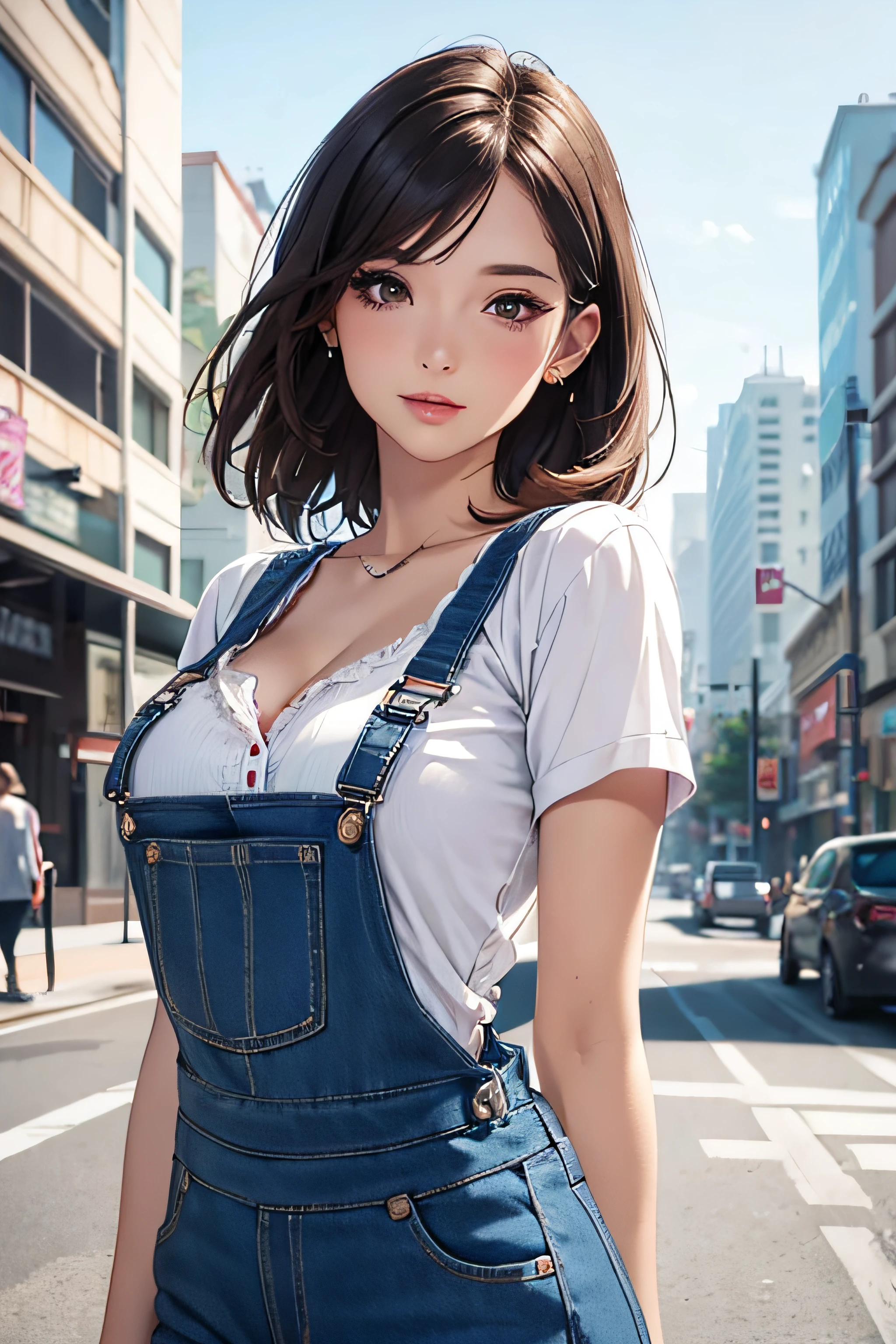 girl with shirt, white overalls skirt, medium breasts, cleavage, cityscape, flirtatious look, ((very detailed)), (perfectly detailed face), (well detailed hand) photorealistic image.