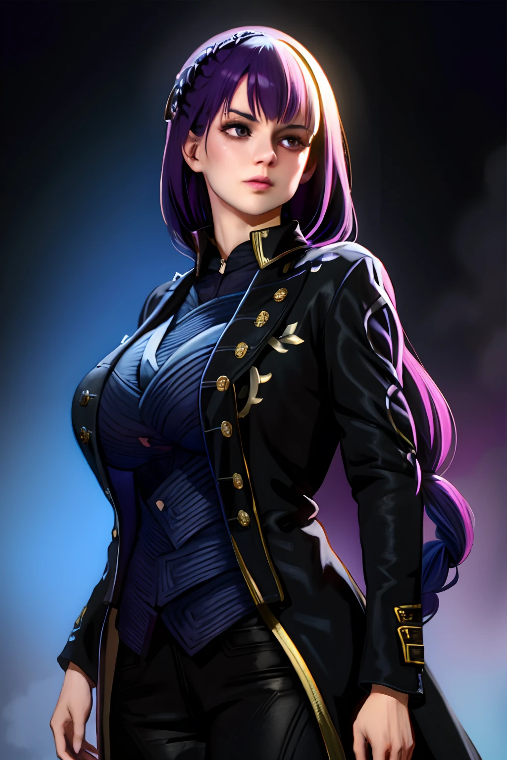 Bigboobs purple hair,long hair,black outfit vergil