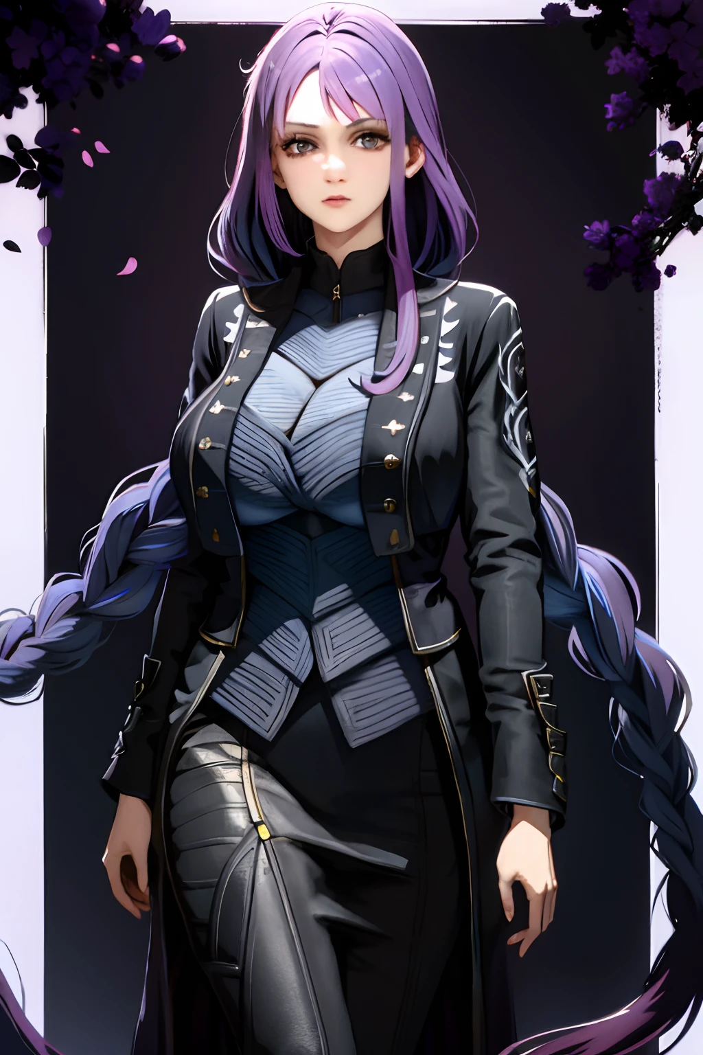 Bigboobs purple hair,long hair,black outfit vergil