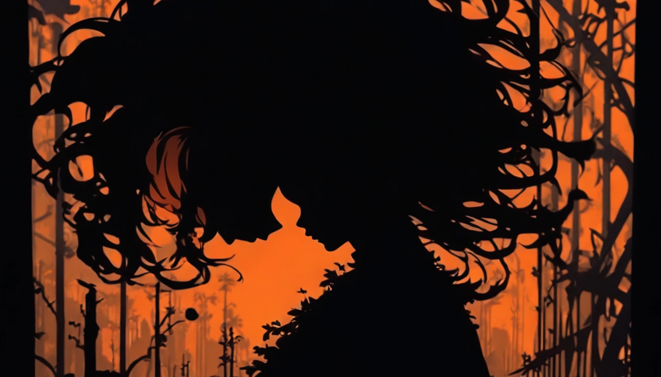 (Silhouette Art,cutouts:1.6)
(((Paper cutting art,A world where only black exists:1.3)
(Cowboy Shot),1 girl,Solo,
(Girl in work clothes,profile:1.2),factories、tubing、ironworks、Scenery from the movie Black Rain
break
(Rust color background)
Textured glass background,Tarot card atmosphere