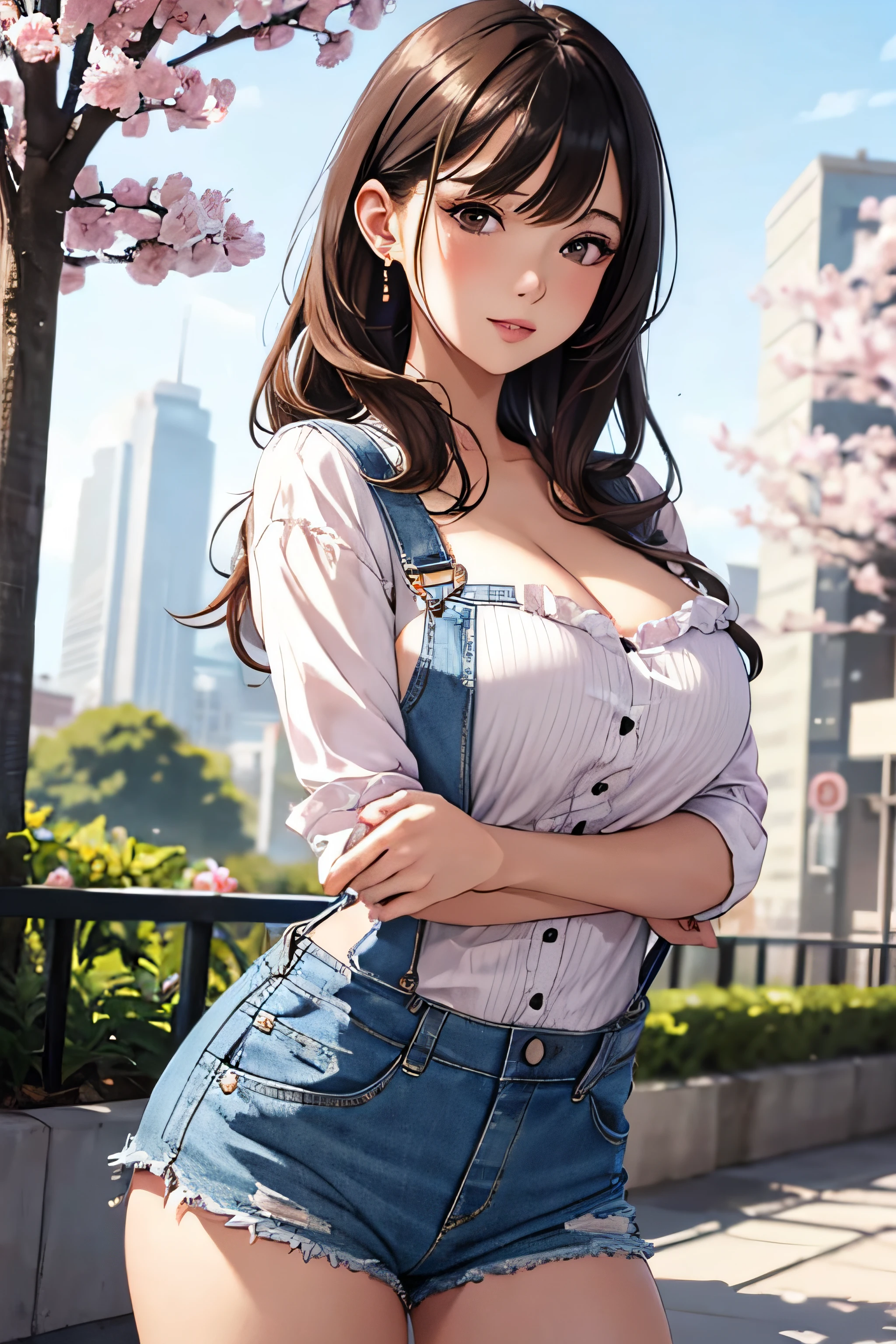 (masutepiece, Digital Art, Digital Illustration, 4K, 8K, Ultra-detailed, beautiful image, Sharp Image, Photorealistic, Raw photo, Perfect face, Perfect lines, Perfect eyes, Soft lighting) 1 woman, (Light brown hair color,One Piece Up,Single Up Hair,Troubled face,kawaii,delicate girls,Casual knit,Denim shorts,natural make up,a ,Luxury,Innocent big eyes,Height 147 cm,14-year-o ju high,1 handsome man in a suit, (ember,Men in suits,well-muscled,Firm shoulder width,Adult male,Boyish hairstyle,28-year-old man with bright smile:1.2),The sun's rays illuminate the room,Flower Shop,Florist's storefront,colorful flower,Surrounded by many flowers,Boobs Porori,