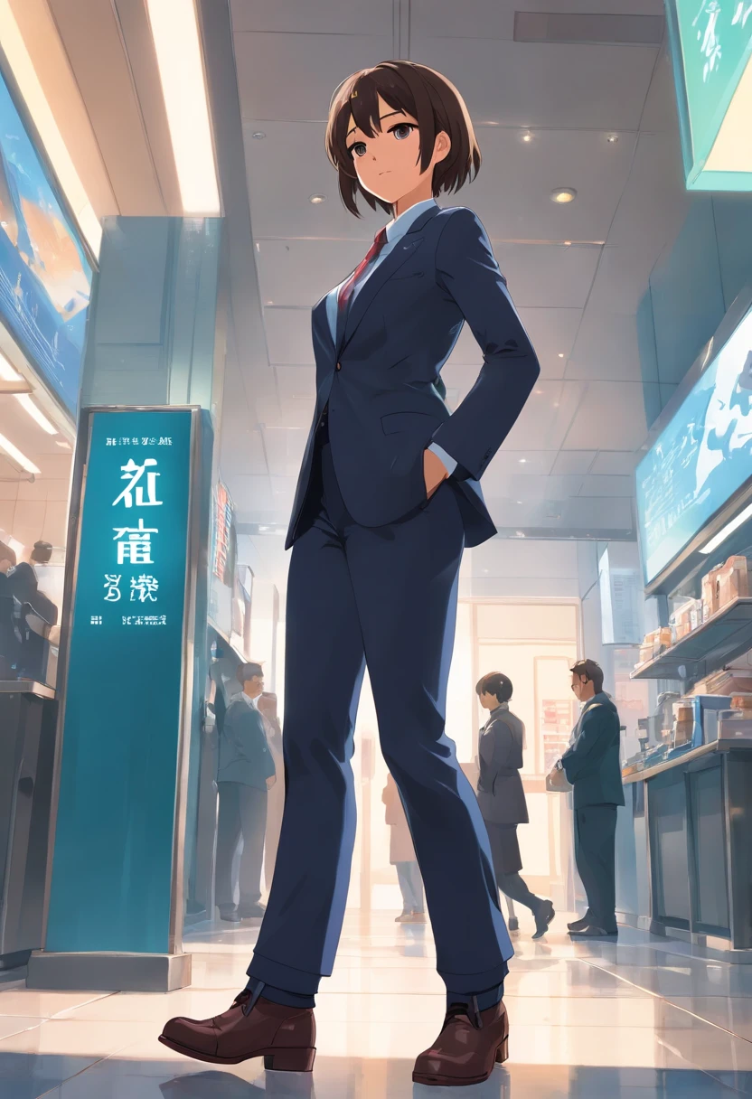 full bodyesbian，frontage，standing on your feet，Hotel security，mtu，Girl with thick fat chunky physique，Black pantsuit，Martin boots，white backgrounid