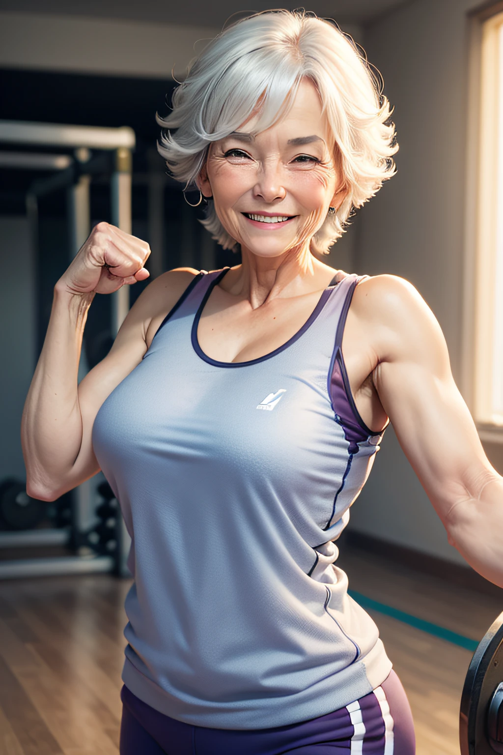 an old woman in gym clothes smiling in a celebratory pose
