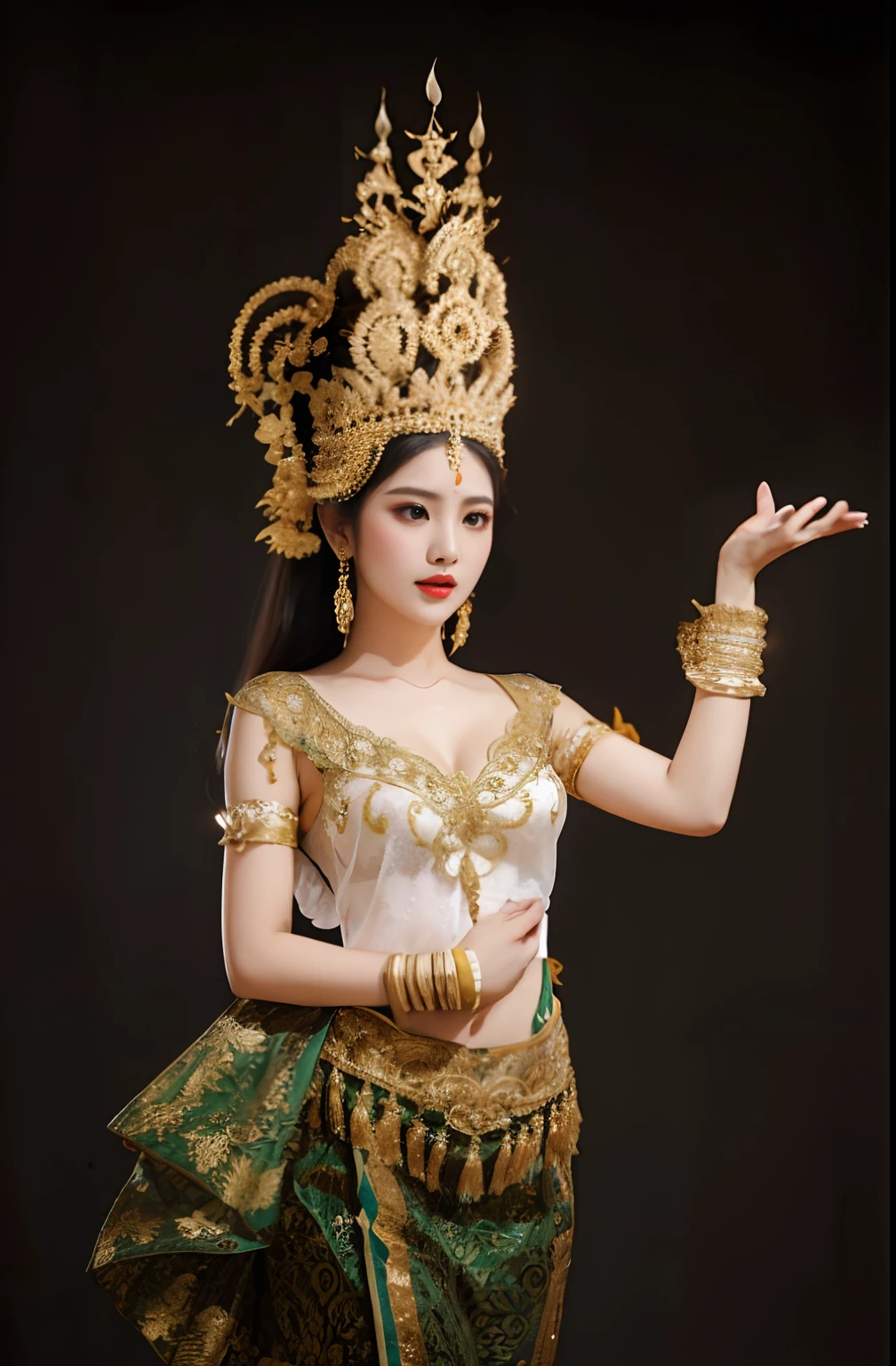 cambodian costume, cambodian model (Masterpiece)), ((Best Quality)), Delicate Eyes, Detailed, Detailed Art Style, Dynamic Pose, (Dynamic Angle), Body Filling, Sky, outdoor, Brunette Hair, Long Hair, (((Room)), , (apsara Clothing)), V, Thighs Thighs, Breasts Out, Ferocious Outbursts, Sexy Perspective, Round huge Boobs/Tits, khmer apsara dance