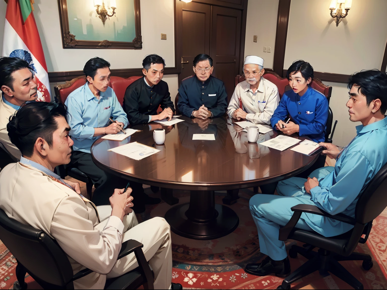 Middle-aged Indonesian people in the national government meet to discuss issues