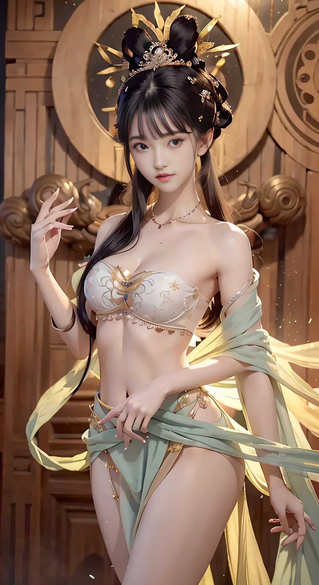 Bust photo，An 18 year old beautiful woman，long and flowing hair，teens girl，Symmetrical bun，hair adornments，jewelry，The face is delicate，eye shadows，Delicate black top，cropped shoulders，Crop topping，showing belly，Dunhuang style，Lots of streamers，Fine fine skin，Soft light effects，Delicate and smooth hair，exquisite detailing，Eye highlights，Fair skin，Fine portrayal，Ultimate detail，Cinematic quality，being thin，slenderness，Fragmentation，hair detail，Thin bangs，Shawl hair，Correct bodies，shadowing，Air bangs，8K，Super meticulous，Fine fabric texture，softness，complaisant，Smooth texture，Dunhuang style，Delicate pattern，Correct hand drawing，smile, tsurime, Surrealism, ray tracing, UHD, high details, super detail, highres, 8k, high quality, high details, textured skin, ccurate